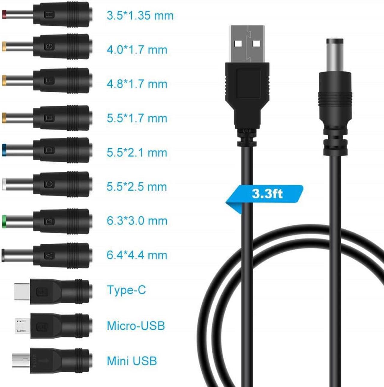 Alt view image 2 of 3 - USB to DC 5V Power Cable, Universal DC 5.5x2.1mm Plug Jack Charging Cord with 11 Connectors(6.4x4.4, 6.3x3.0, 5.5x2.5, 5.5x2.1,