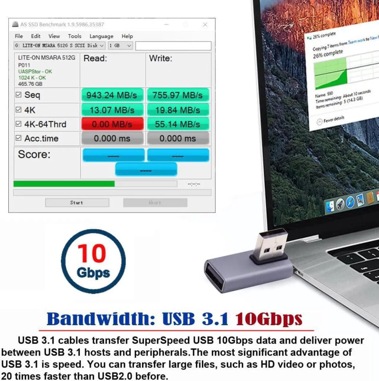 Alt view image 2 of 3 - Low Profile 90 Degree Right Angled Type USB3.0 Male to Female Extension Adapter Power Data Video 10Gbps
