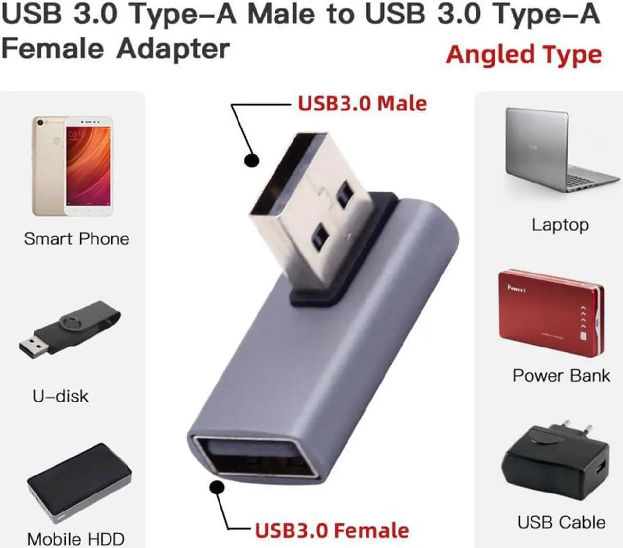 Alt view image 3 of 3 - Low Profile 90 Degree Right Angled Type USB3.0 Male to Female Extension Adapter Power Data Video 10Gbps