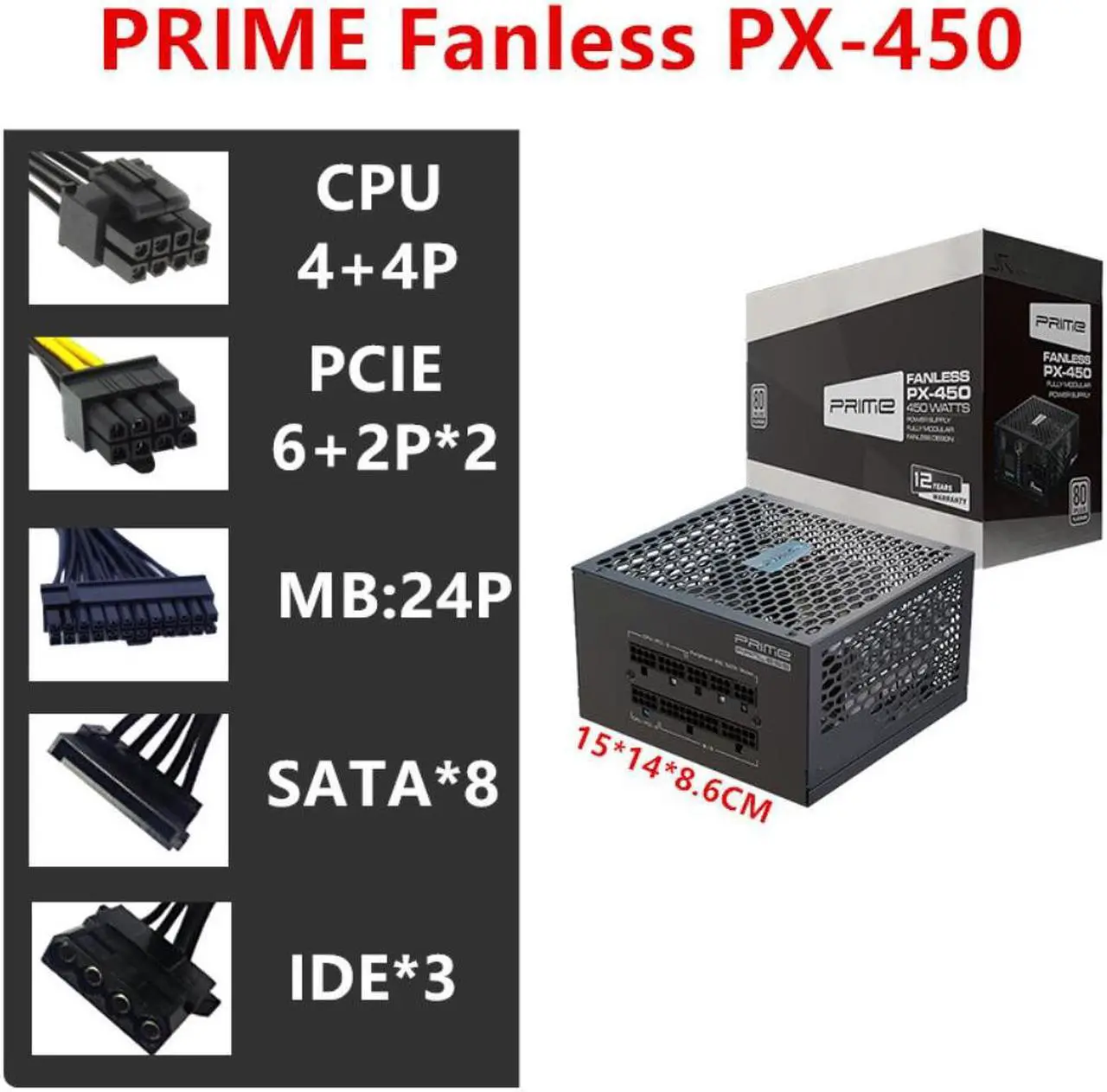 Alt view image 4 of 6 - PSU For Seasonic Full Modular 80plus Titanium Zero Noise Without Fan 450W Power Supply  PRIME Fanless PX-450