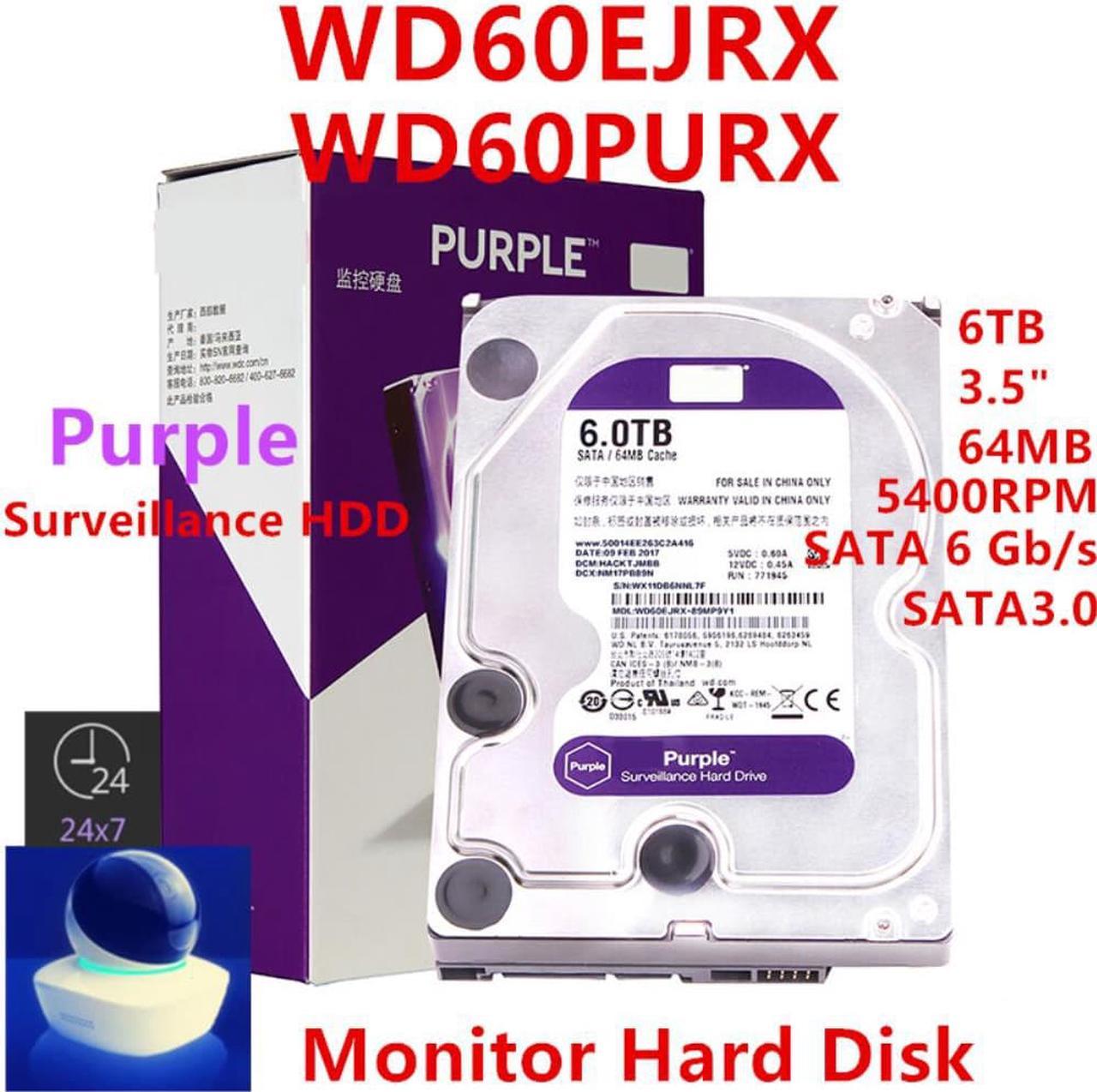 HDD For WD Purple 6TB 3.5" SATA 64MB 5400RPM For Internal Hard Disk For Surveillance HDD For WD60EJRX WD60PURX