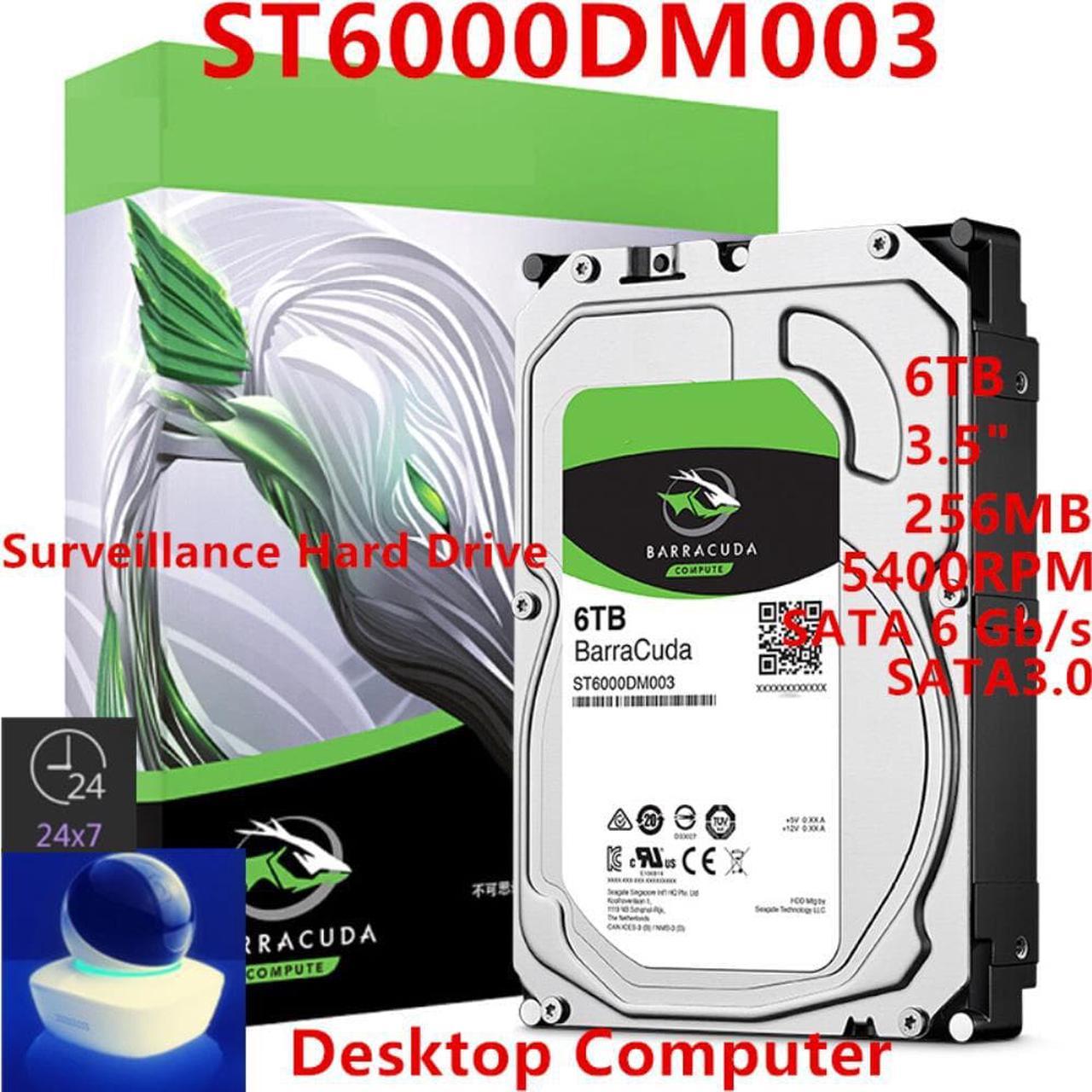 HDD For Seagate BarraCuda 6TB 3.5" SATA 6 Gb/s 256MB 5400RPM For Internal HDD For surveillance HDD For ST6000DM003