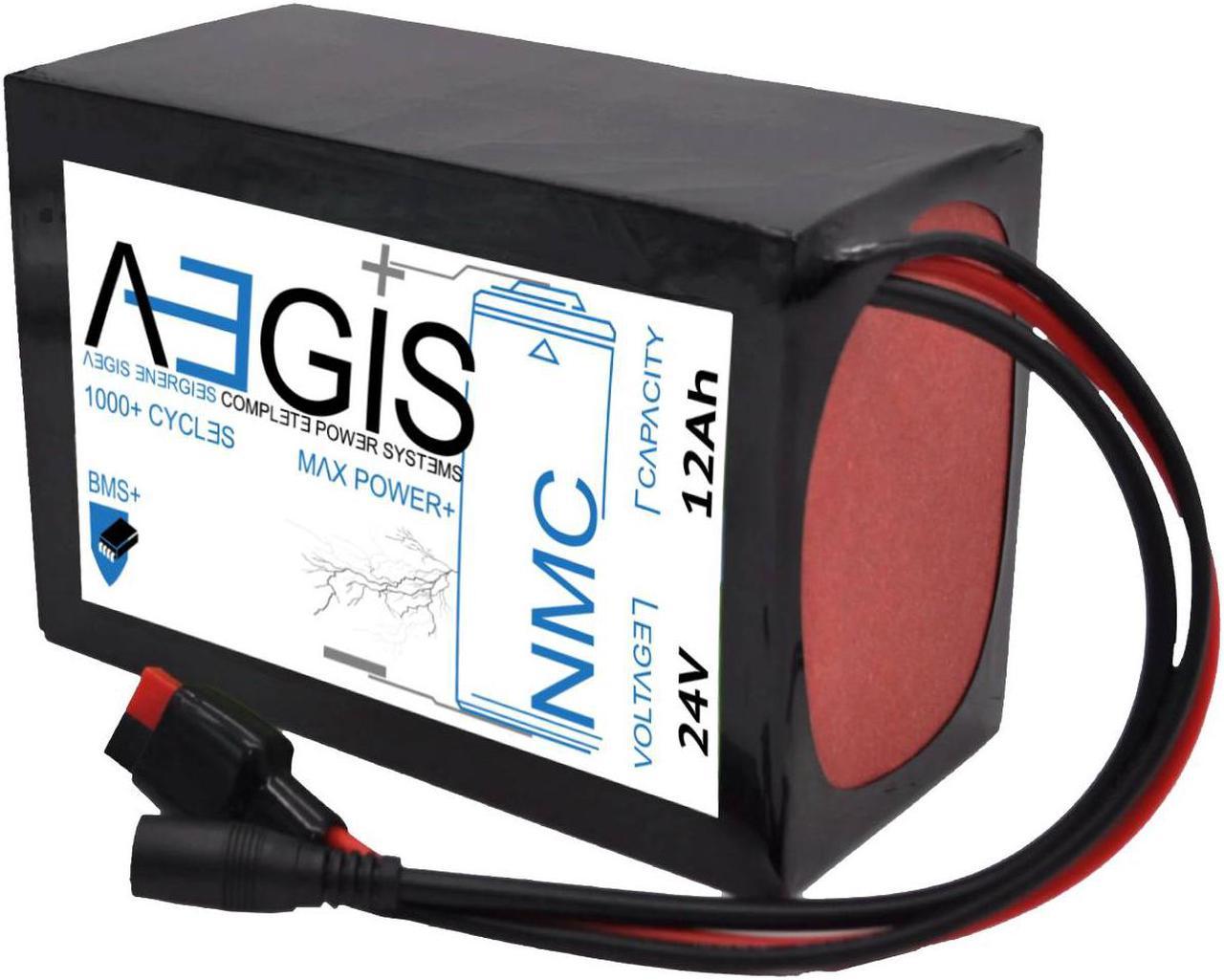 Aegis Battery 24V 12Ah Li-Ion Battery, a state of the art rechargeable battery pack made w/18650 Li-Ion cylindrical cells packed w/black PVC shrink wrap. Perfect for bike lighting, RC toys and more.