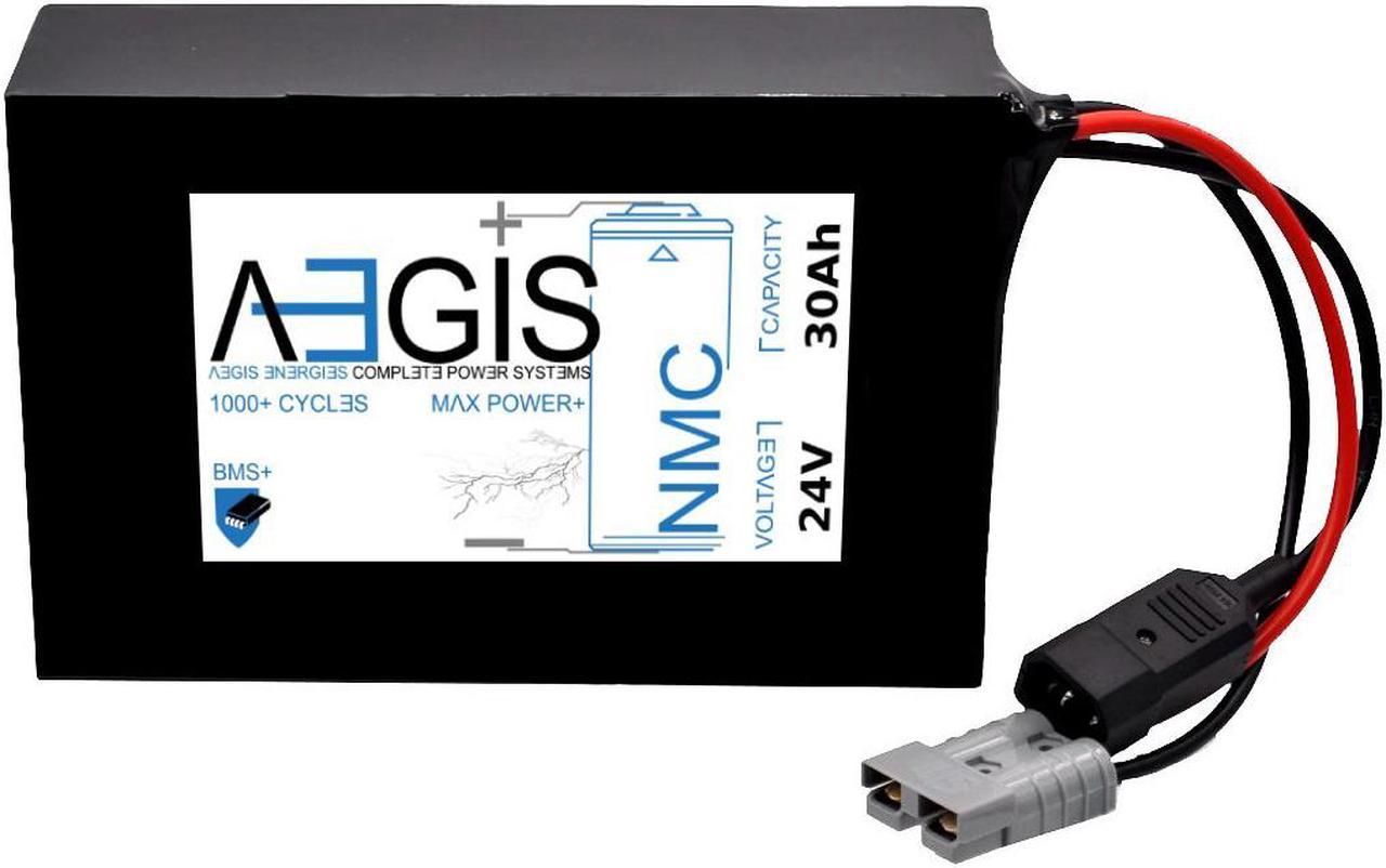 Aegis Battery 24V 30Ah NMC Lithium Battery + Charger. State of the art rechargeable battery pack made w/18650 Li-Ion cylindrical cells great for ebikes, scooters, robots, solar & high energy products.