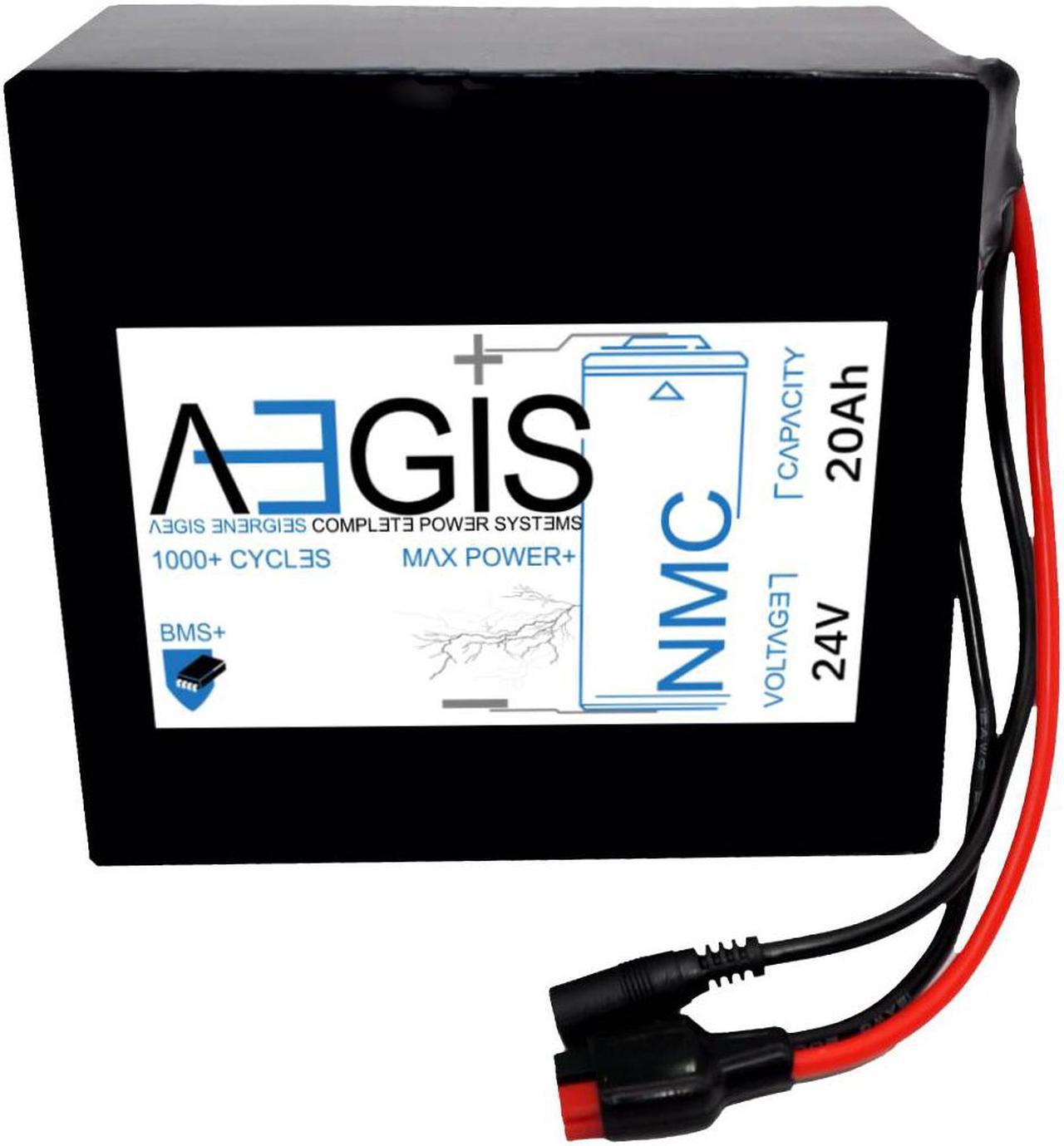 Aegis Battery 24V 20Ah NMC Lithium Battery + Charger. State of the art rechargeable battery pack made w/18650 Li-Ion cylindrical cells great for ebikes, scooters, robots, solar & high energy products.