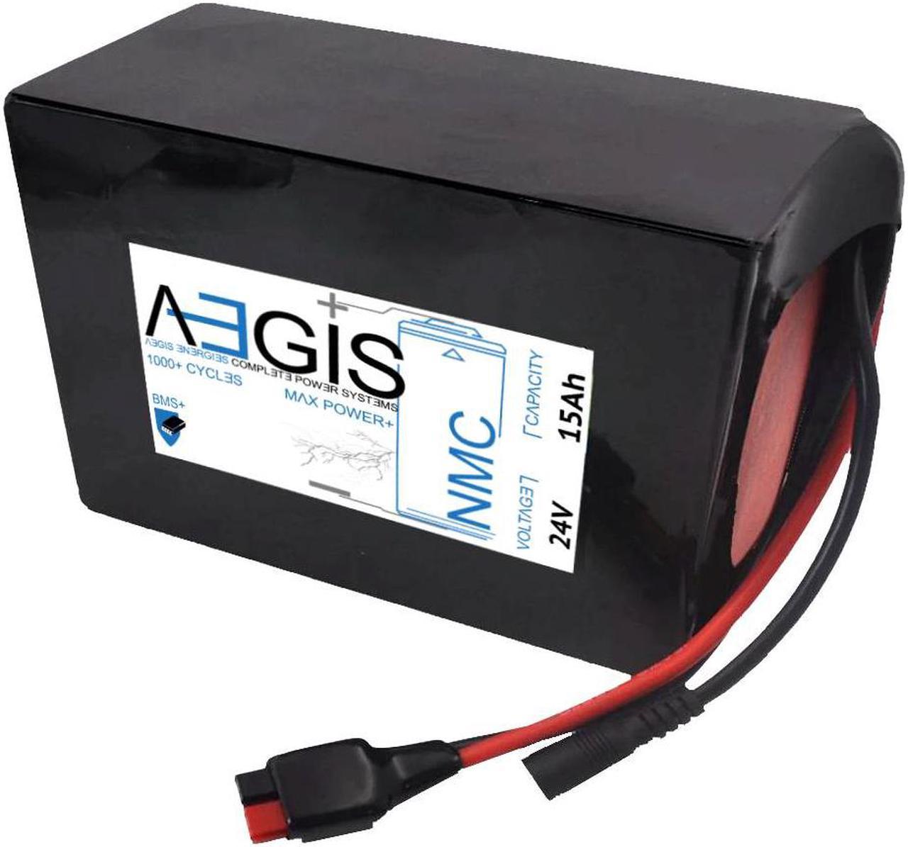 Aegis Battery 24V 15Ah NMC Lithium Battery + Charger. State of the art rechargeable battery pack made w/18650 Li-Ion cylindrical cells great for ebikes, scooters, robots, solar & high energy products.