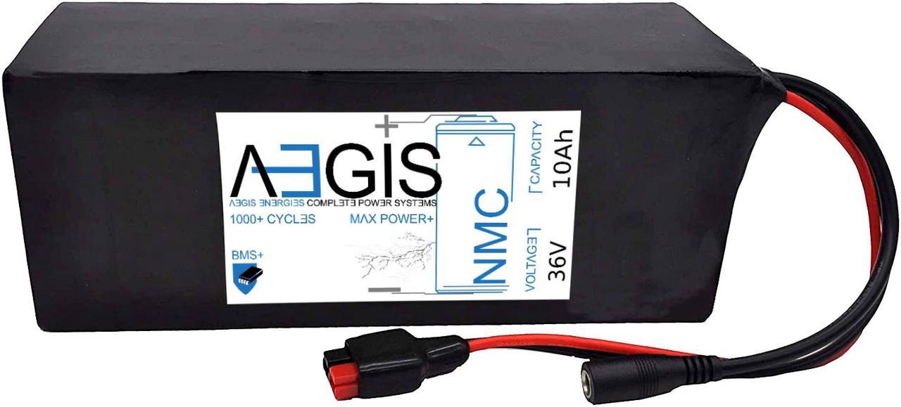 Aegis Battery 36V 10Ah NMC Lithium Battery + Charger. State of the art rechargeable battery pack made w/18650 Li-Ion cylindrical cells great for ebikes, scooters, robots, solar & high energy products.