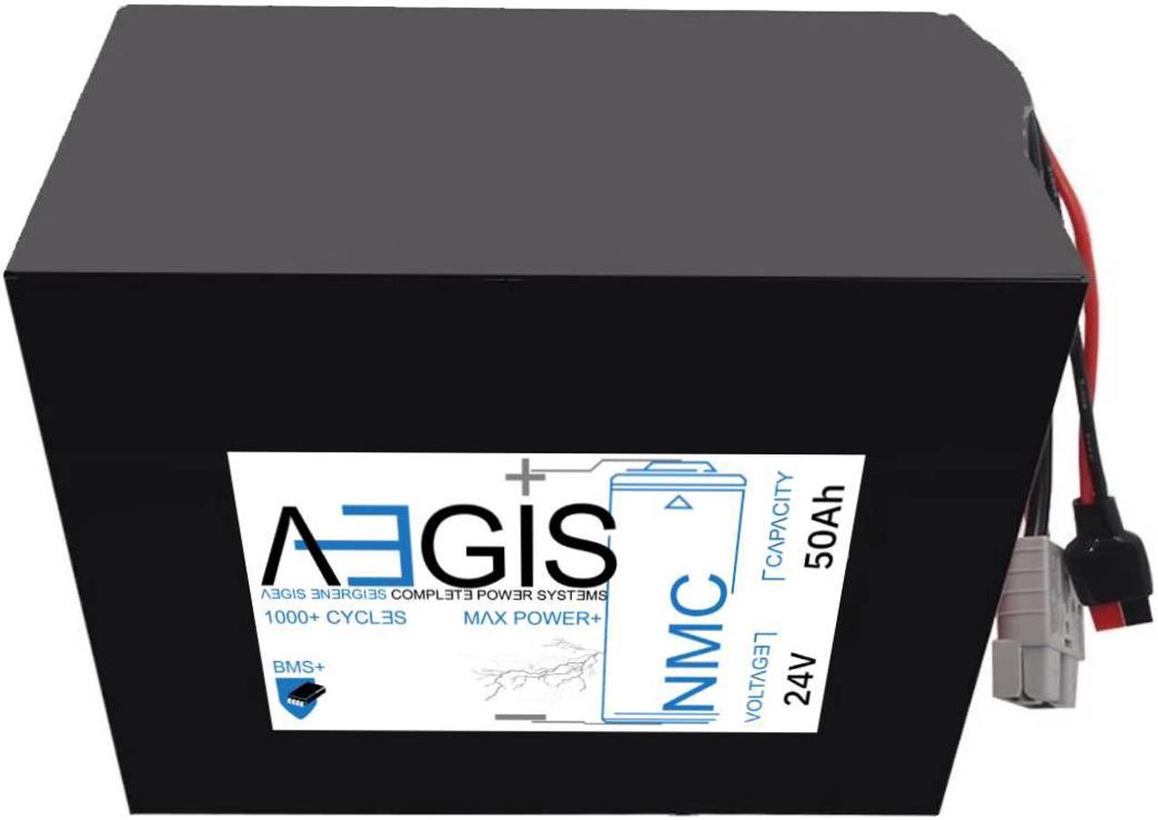 Aegis Battery 24V 50Ah NMC Li Li-Ion Battery is a state of the art rechargeable battery pack made w/18650 Li-Ion cylindrical cells. Great for ebikes, scooters, bike lighting, RC toys, robots and more!