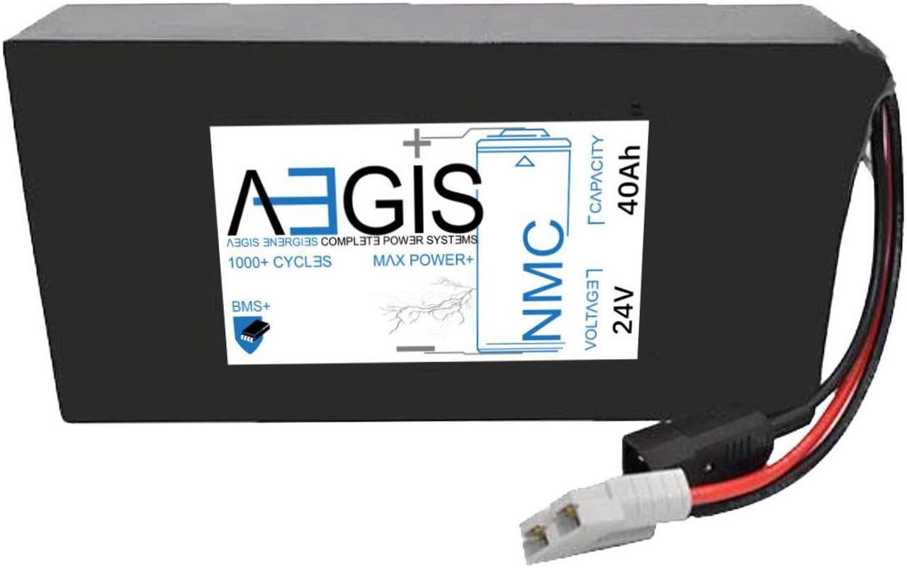 Aegis Battery 24V 40Ah NMC Lithium Battery + Charger. State of the art rechargeable battery pack made w/18650 Li-Ion cylindrical cells great for ebikes, scooters, robots, solar & high energy products.