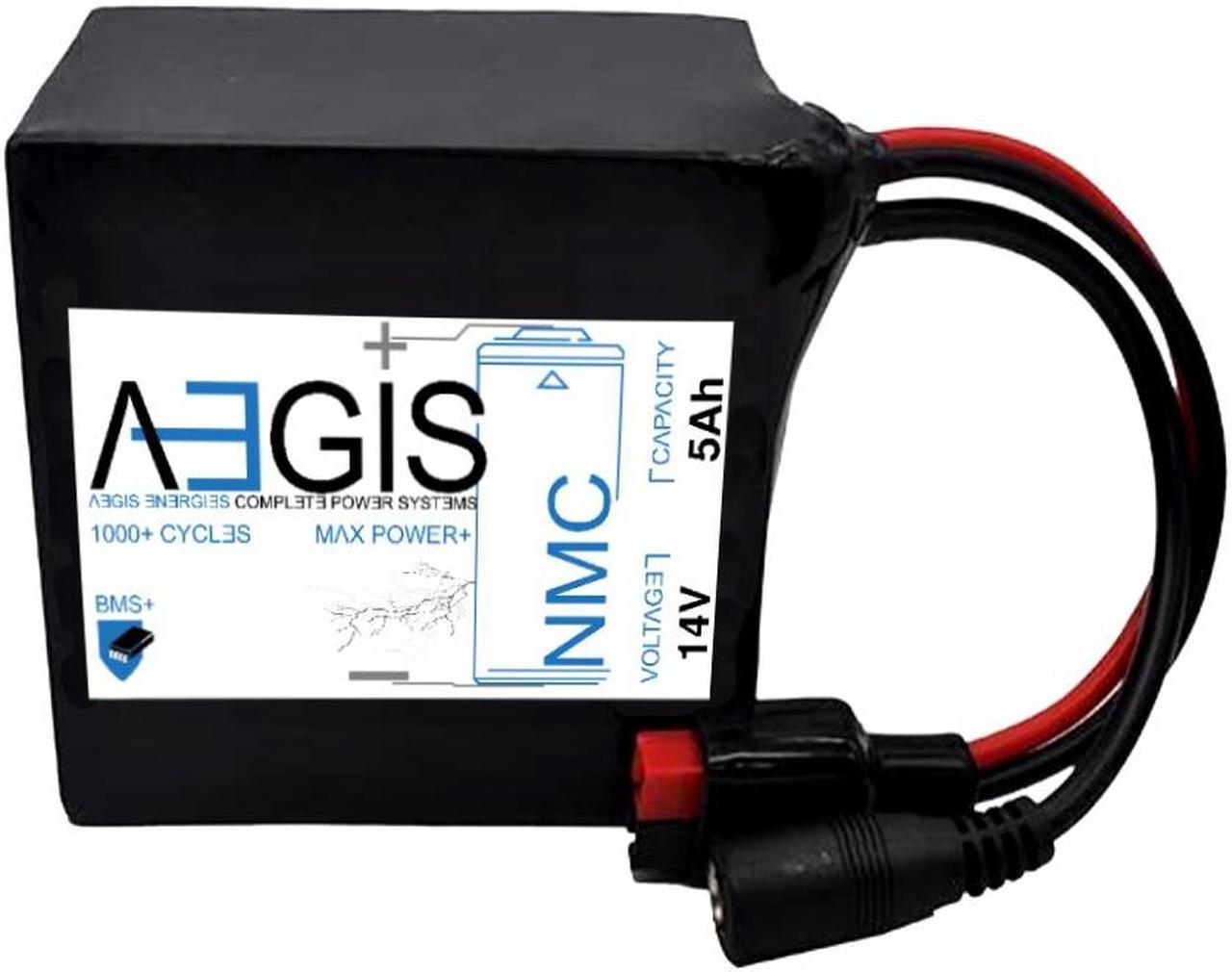 Aegis Battery 14V 5Ah NMC Lithium Battery + Charger is a state of the art rechargeable battery pack made with 18650 Li-Ion cylindrical cells. Great for ebikes, scooters, robots, solar & and more!