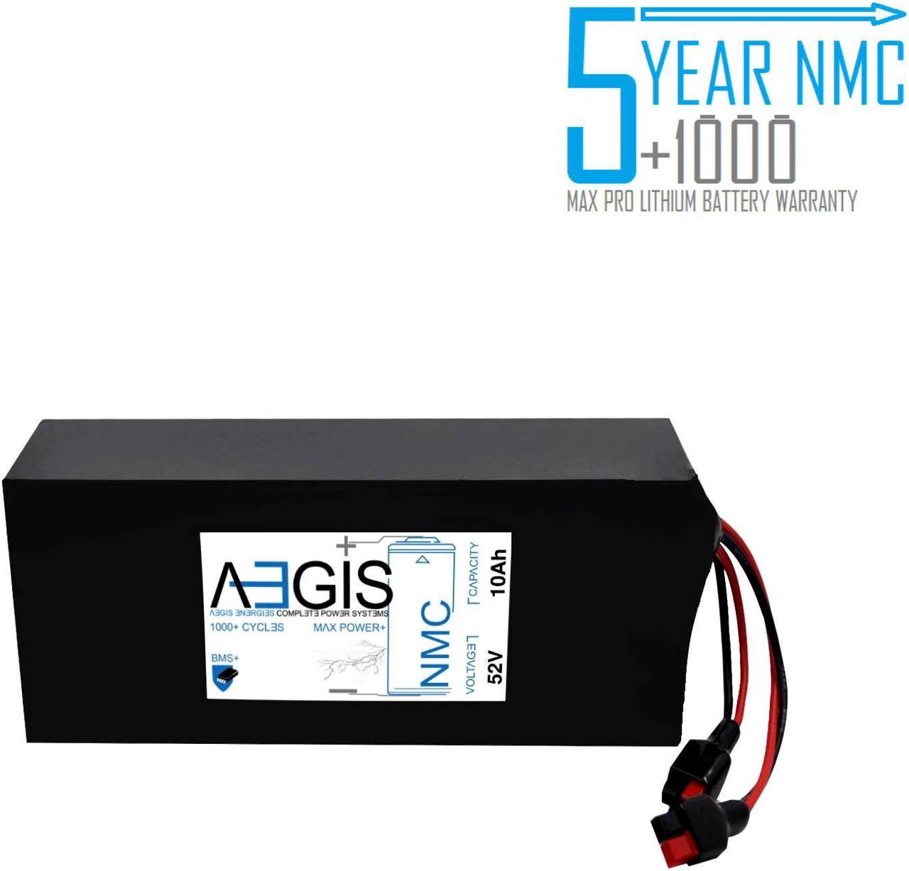 Aegis Battery 52V 10Ah NMC Lithium Battery + Charger. State of the art rechargeable battery pack made w/18650 Li-Ion cylindrical cells great for ebikes, scooters, robots, solar & high energy products.