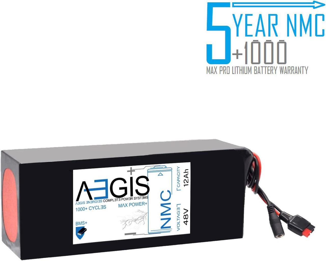 Aegis Battery 48V 12Ah NMC Lithium Battery + Charger. State of the art rechargeable battery pack made w/18650 Li-Ion cylindrical cells great for ebikes, scooters, robots, solar & high energy products.