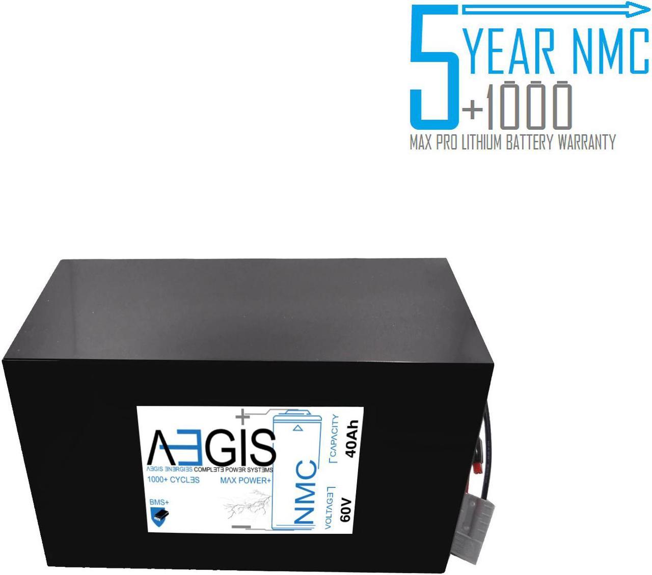 Aegis Battery 60V 40Ah NMC Lithium Battery + Charger. State of the art rechargeable battery pack made w/18650 Li-Ion cylindrical cells great for ebikes, scooters, robots, solar & high energy products.