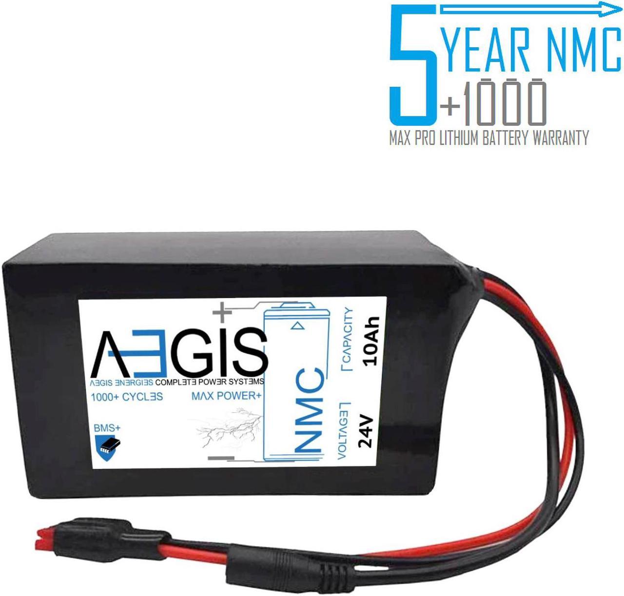 Aegis Battery 24V 10Ah NMC Lithium Battery + Charger. State of the art rechargeable battery pack made w/18650 Li-Ion cylindrical cells great for ebikes, scooters, robots, solar & high energy products.