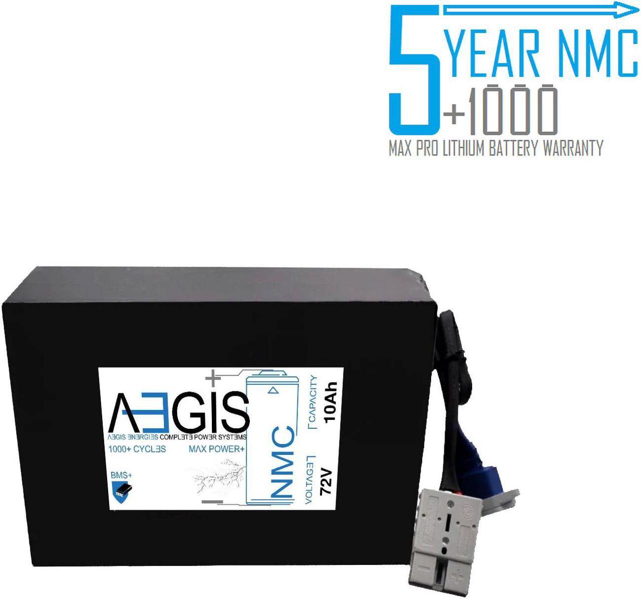 Aegis Battery 72V 10Ah NMC Lithium Battery + Charger. State of the art rechargeable battery pack made w/18650 Li-Ion cylindrical cells great for ebikes, scooters, robots, solar & high energy products.