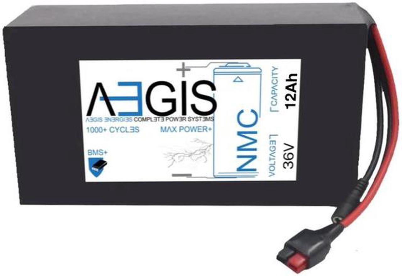 Aegis Battery 36V 12Ah Li-ion NMC Lithium Battery + Charger. State of the art rechargeable battery pack made w/18650 Li-Ion cylindrical cells. ebikes, scooters, robots, solar & high energy products.