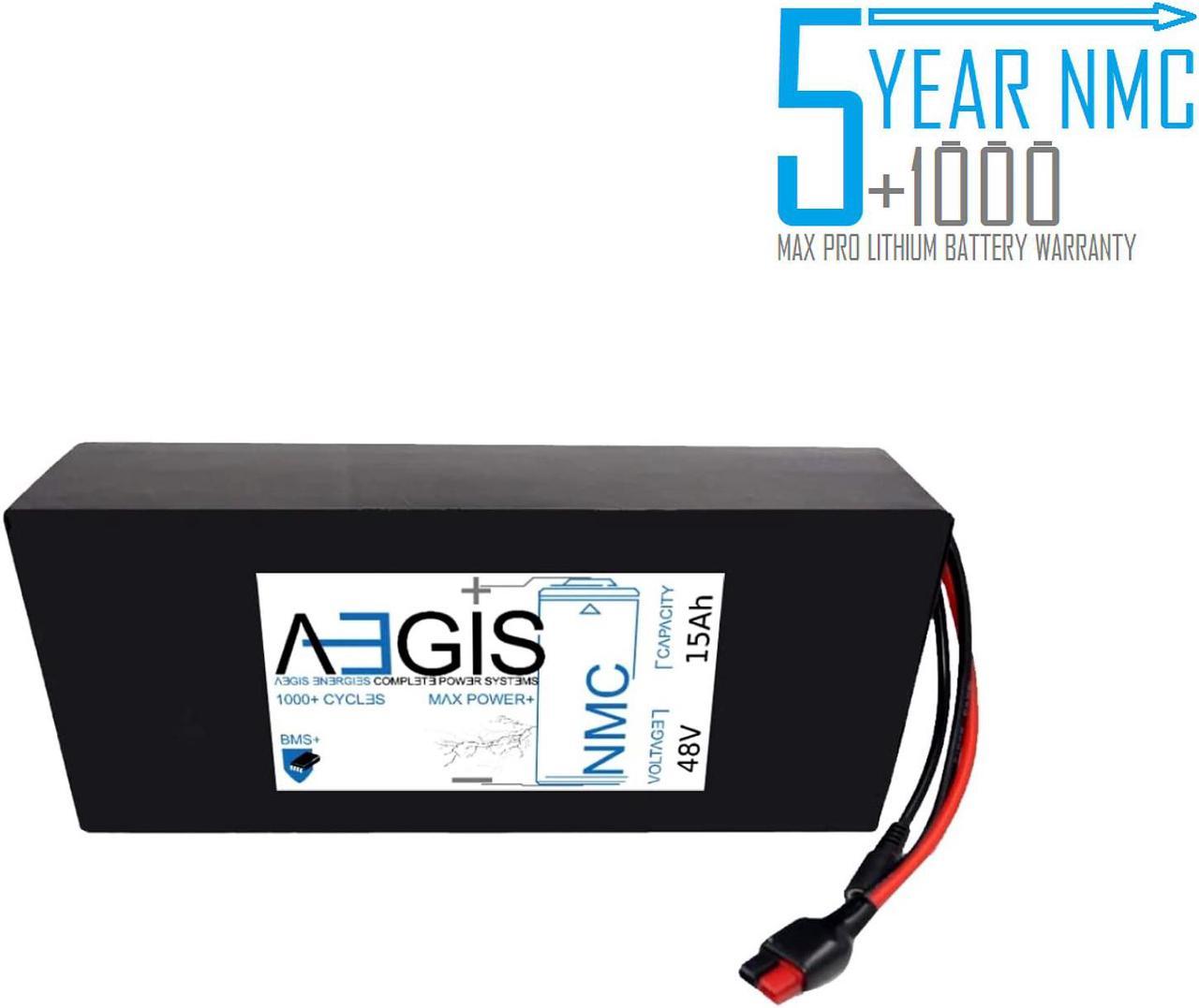 Aegis Battery 48V 15Ah NMC Lithium Battery + Charger. State of the art rechargeable battery pack made w/18650 Li-Ion cylindrical cells great for ebikes, scooters, robots, solar & high energy products.