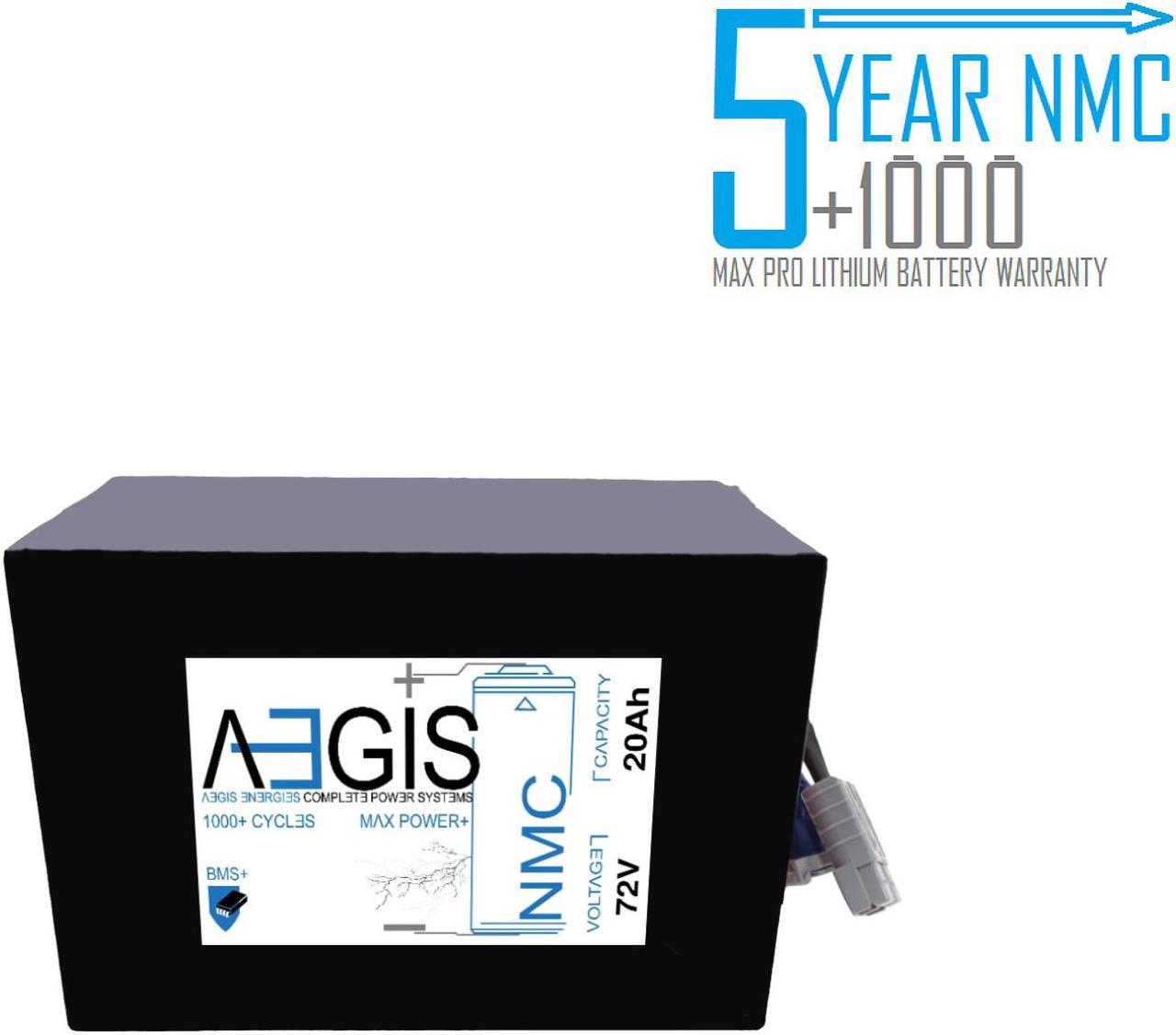 Aegis Battery 72V 20Ah NMC Li-Ion Battery + Charger is a state of the art rechargeable battery pack made w/18650 Li-Ion cylindrical cells. For ebikes, scooters, robots, solar & high energy products.