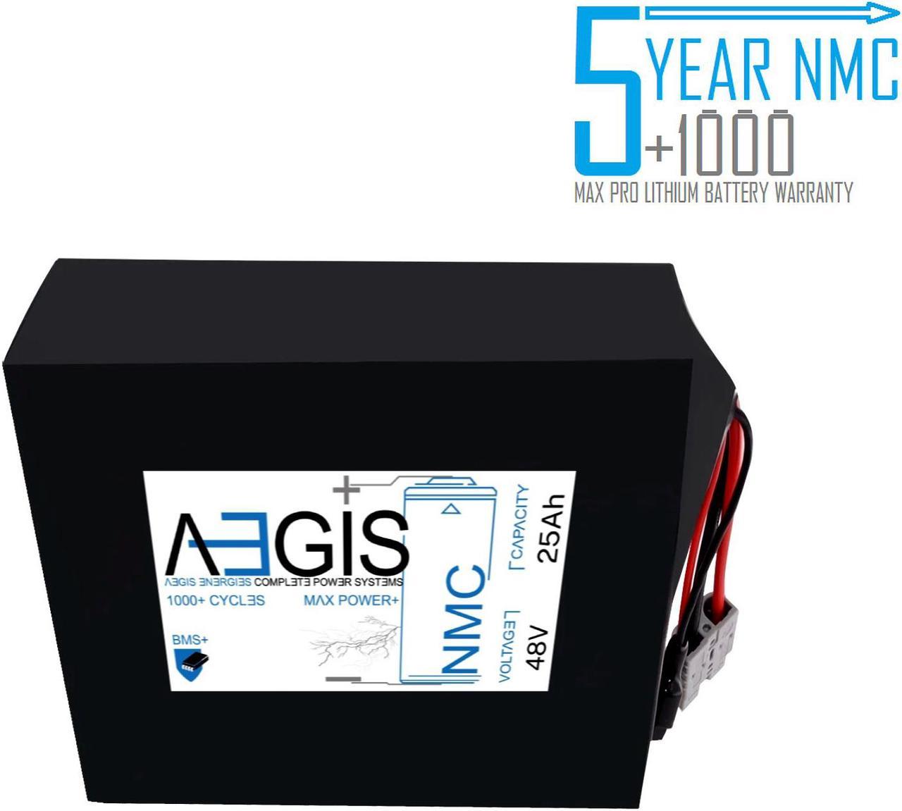 Aegis Battery 48V 25Ah NMC Lithium Battery + Charger. State of the art rechargeable battery pack made w/18650 Li-Ion cylindrical cells great for ebikes, scooters, robots, solar & high energy products.