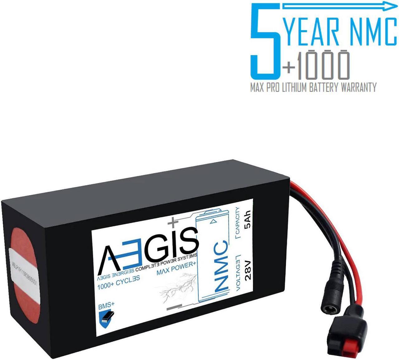 Aegis Battery 28V 5Ah NMC Lithium Battery + Charger is a state of the art rechargeable battery pack made with 18650 Li-Ion cylindrical cells. Great for ebikes, scooters, robots, solar & and more!