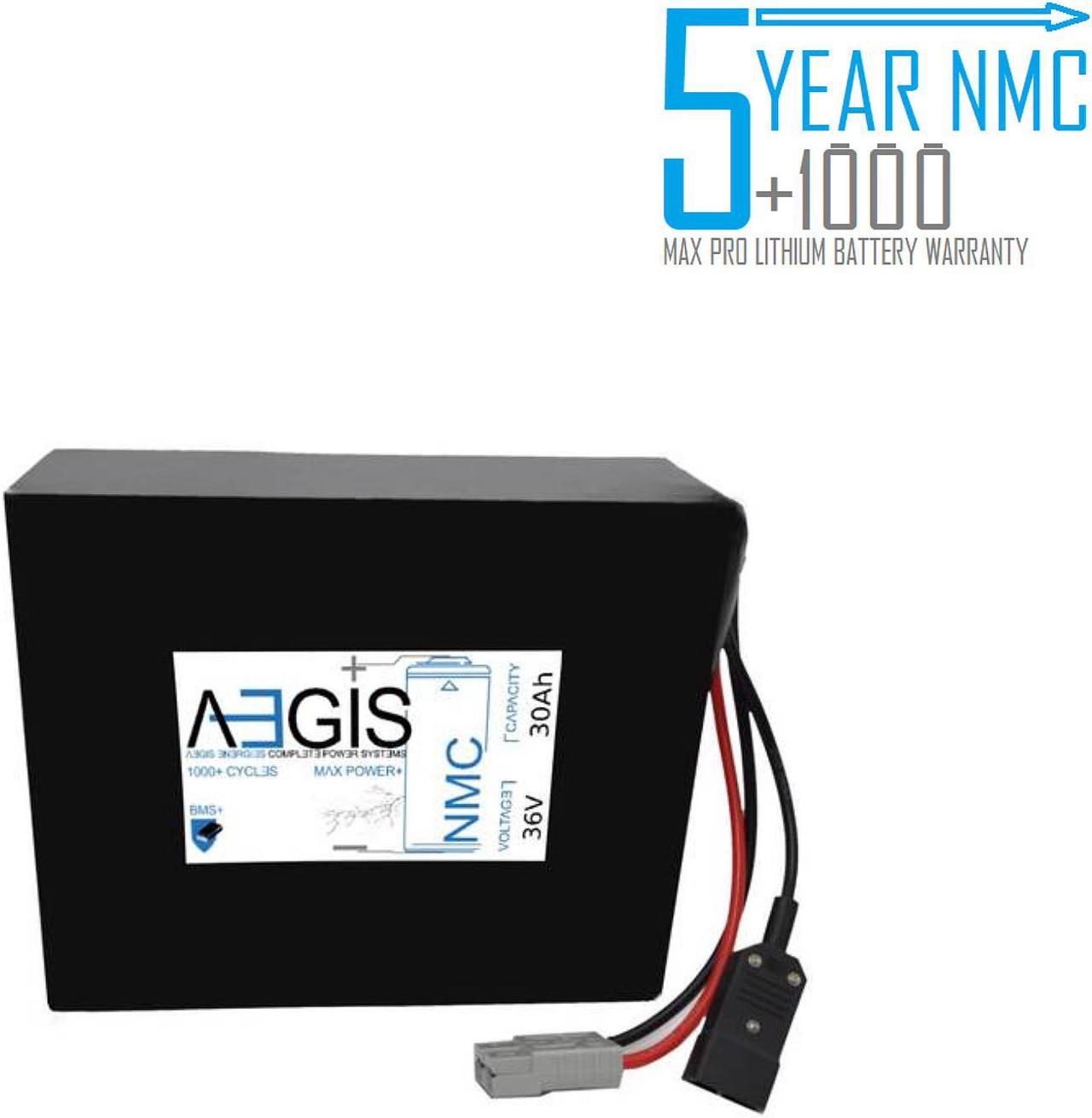 Aegis Battery 36V 30Ah NMC Li-Ion Battery is a state of the art rechargeable battery pack made w/18650 Li-Ion cylindrical cells. Great for ebikes, scooters, bike lighting, RC toys, robots and more!