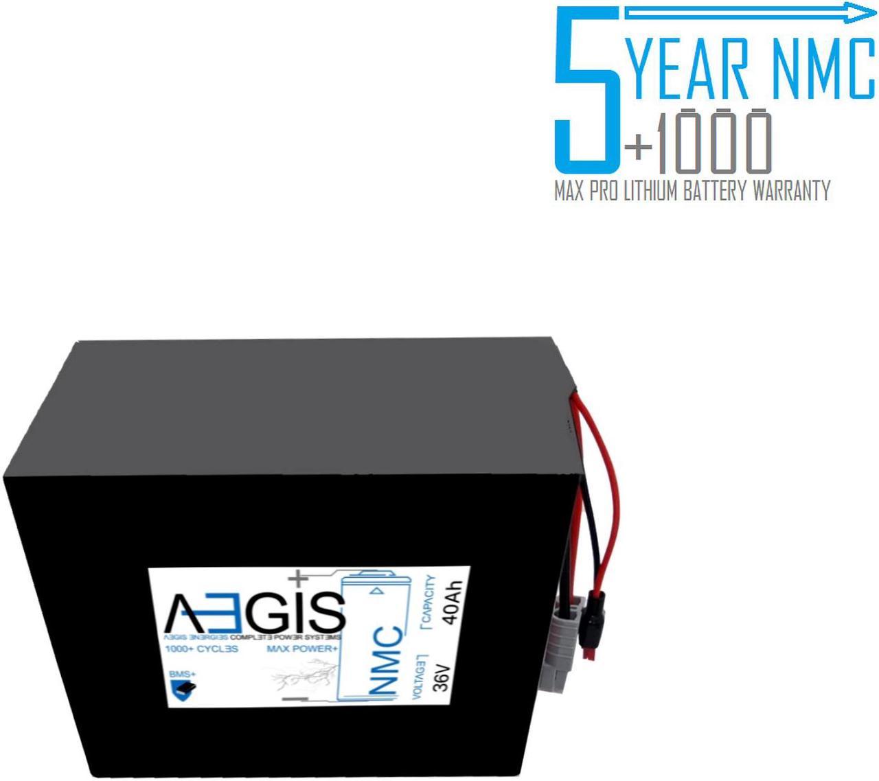 Aegis Battery 36V 40Ah NMC Lithium Battery + Charger. State of the art rechargeable battery pack made w/18650 Li-Ion cylindrical cells great for ebikes, scooters, robots, solar & high energy products.