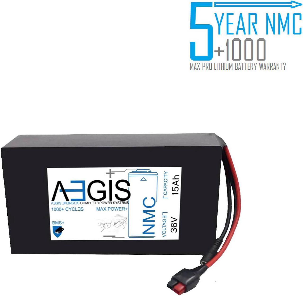 Aegis Battery 36V 15Ah NMC Lithium Battery + Charger. State of the art rechargeable battery pack made w/18650 Li-Ion cylindrical cells great for ebikes, scooters, robots, solar & high energy products.