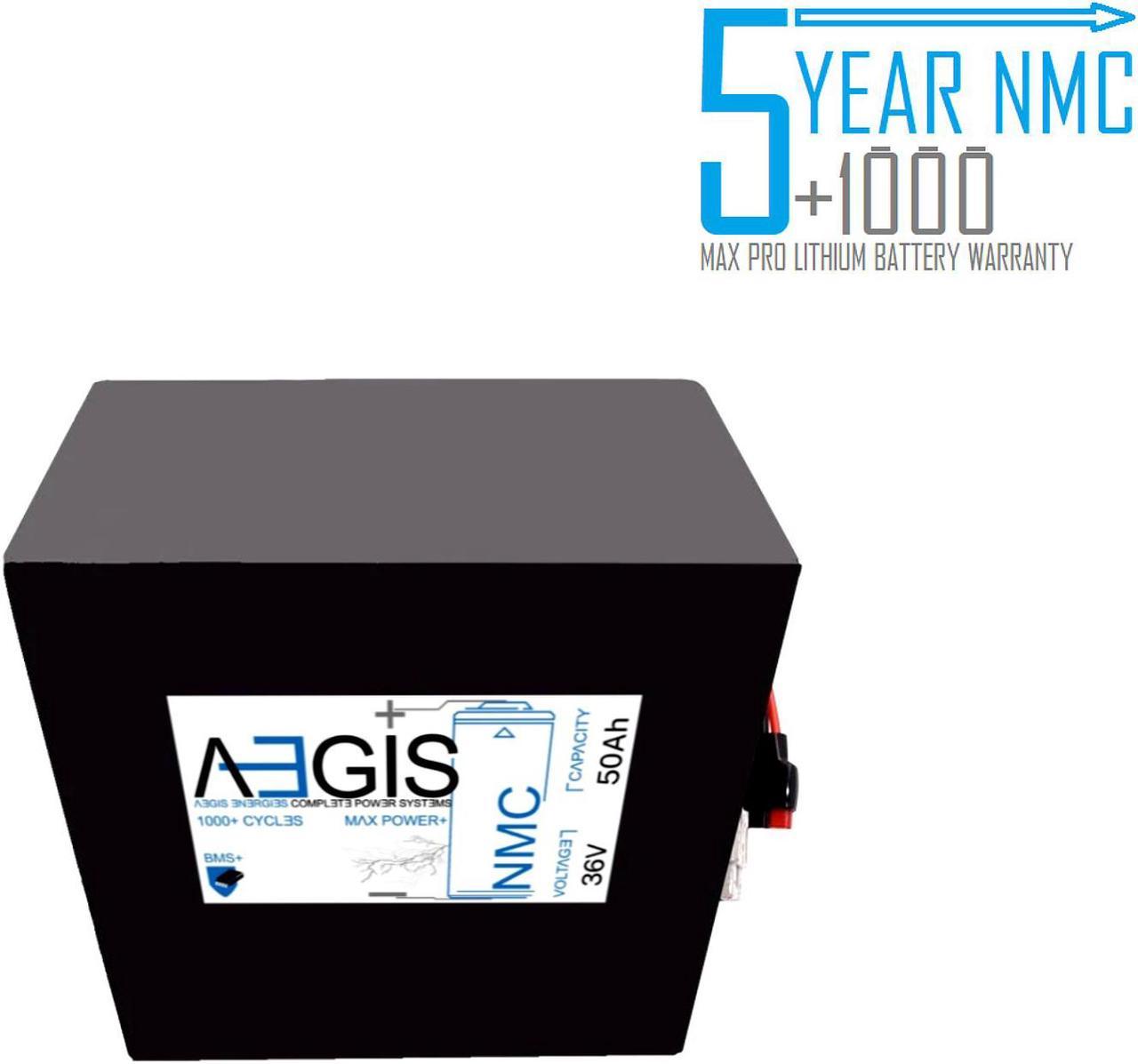 Aegis Battery 36V 50Ah NMC Lithium Battery + Charger. State of the art rechargeable battery pack made w/18650 Li-Ion cylindrical cells great for ebikes, scooters, robots, solar & high energy products.