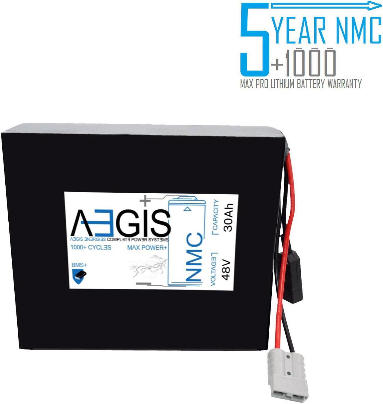 Aegis Battery 48V 30Ah NMC Lithium Battery + Charger. State of the art rechargeable battery pack made w/18650 Li-Ion cylindrical cells great for ebikes, scooters, robots, solar & high energy products.