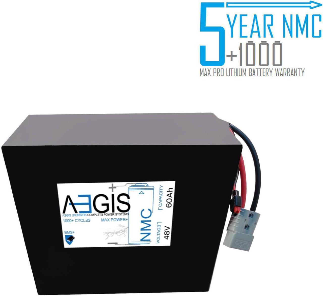 Aegis Battery 48V 60Ah NMC Lithium Battery + Charger. State of the art rechargeable battery pack made w/18650 Li-Ion cylindrical cells great for ebikes, scooters, robots, solar & high energy products.