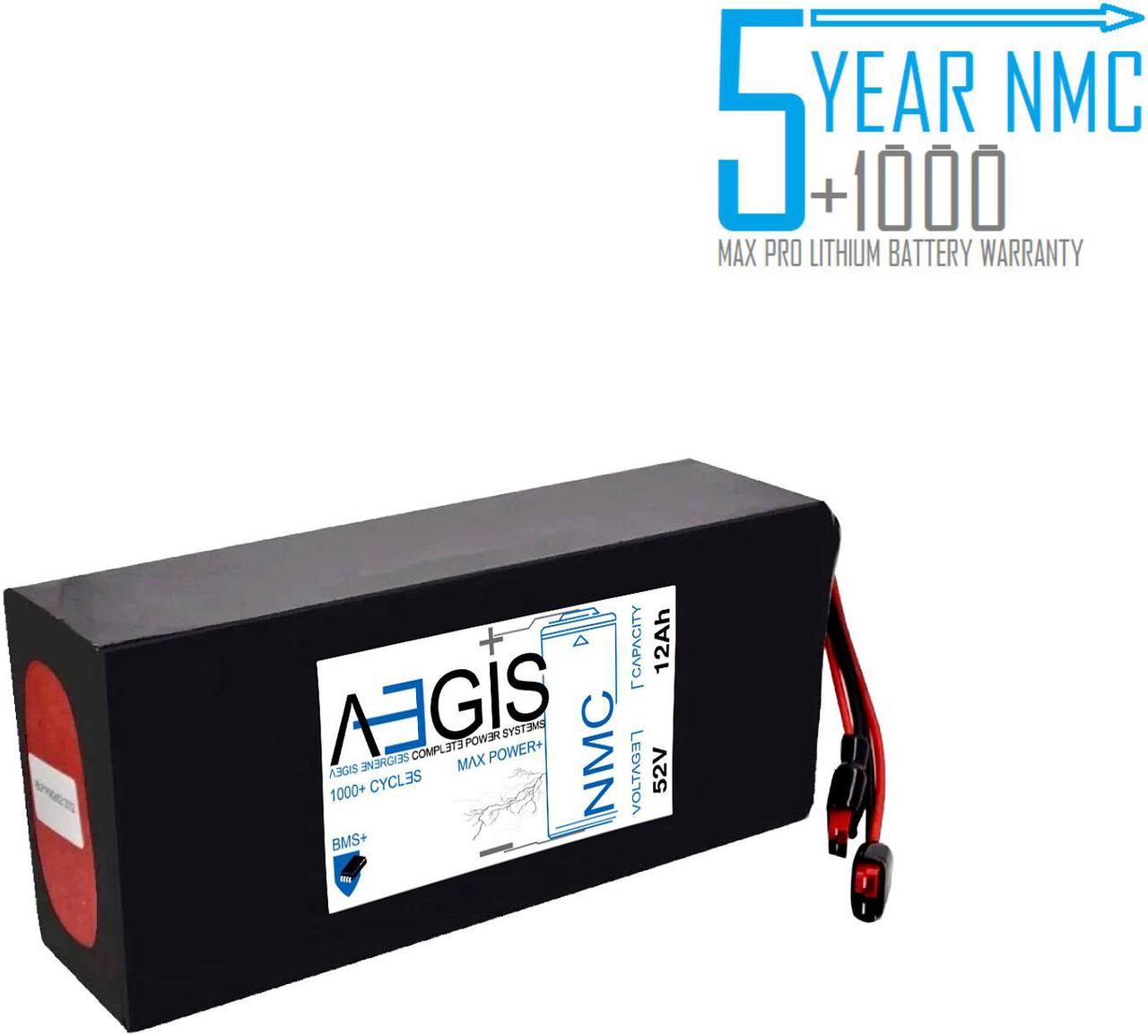 Aegis Battery 52V 12Ah NMC Lithium Battery + Charger. State of the art rechargeable battery pack made w/18650 Li-Ion cylindrical cells great for ebikes, scooters, robots, solar & high energy products.