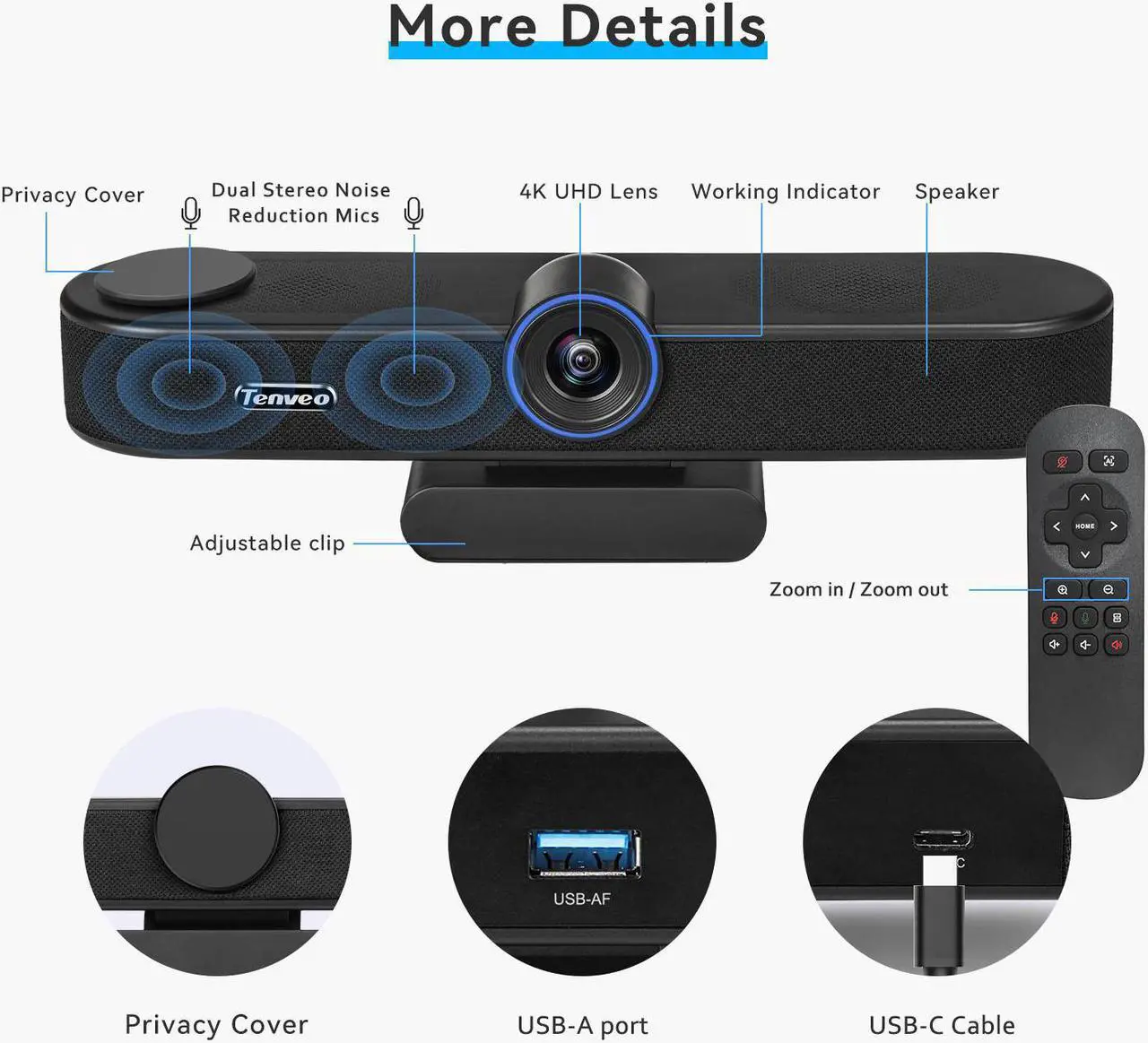 Alt view image 5 of 7 - VA300B 4K Ultra-Wide Angle Conference Webcam 8MP EPTZ 5x Digital Zoom with Auto Framing USB PC Webcam Vmix OBS Living Streaming