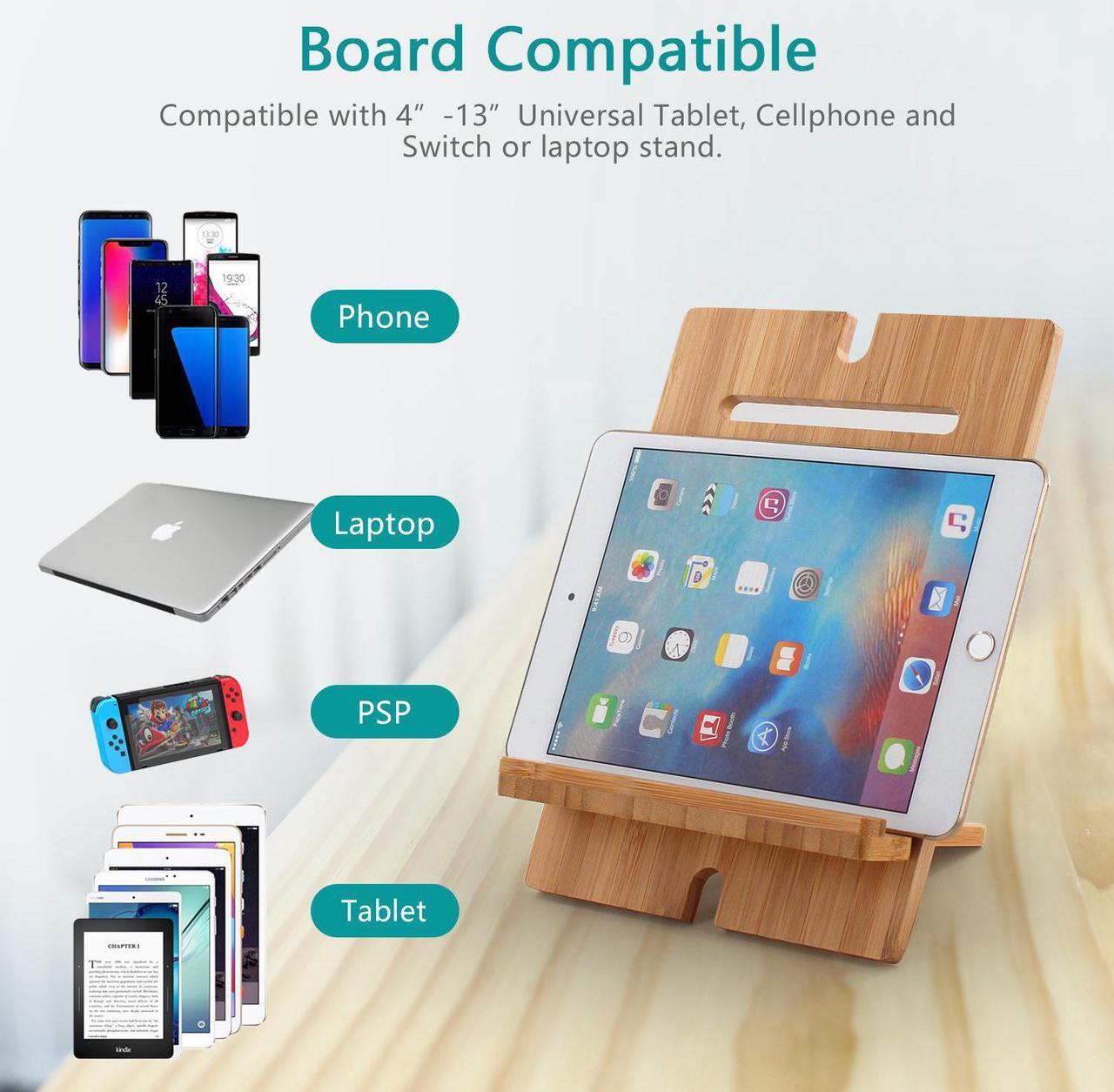 Alt view image 5 of 7 - BambuMate Bamboo Tablet Stand Adjustable, Wooden Cell Phone Stands, Desktop Cell Phone Stand Holder Dock Compatible with Pad 9.7, 10.5, 12.9, Air 3 4 Mini, Kindle and More (Support to 4.7-13" Device)