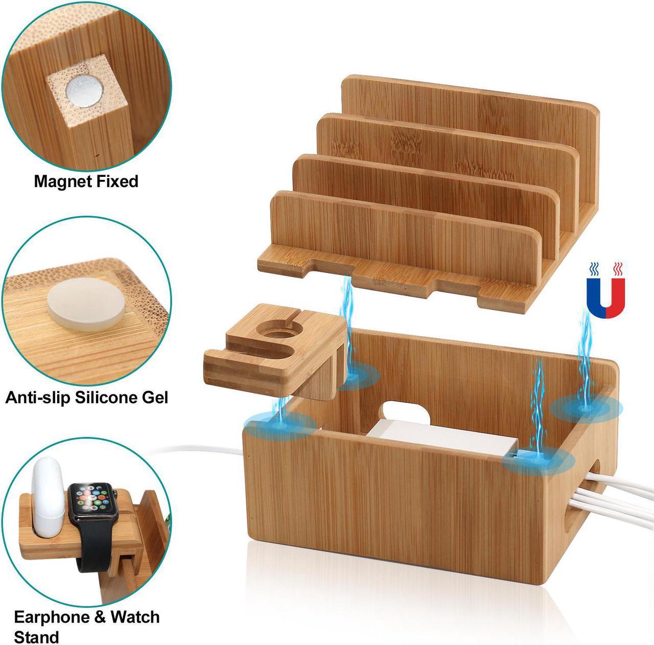 Alt view image 3 of 7 - Bamboo Charging Station for Multiple Devices with 5 Port USB Charger, 5 Cables and Smart Watch & Earbuds Stand, Upgrade Desk Docking Station Organizer for Cell Phone, Tablet and More