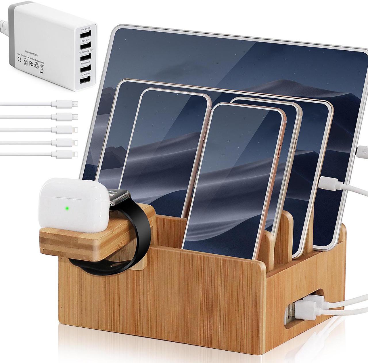Main image of Bamboo Charging Station for Multiple Devices with 5 Port USB Charger, 5 Cables and Smart Watch & Earbuds Stand, Upgrade Desk Docking Station Organizer for Cell Phone, Tablet and More
