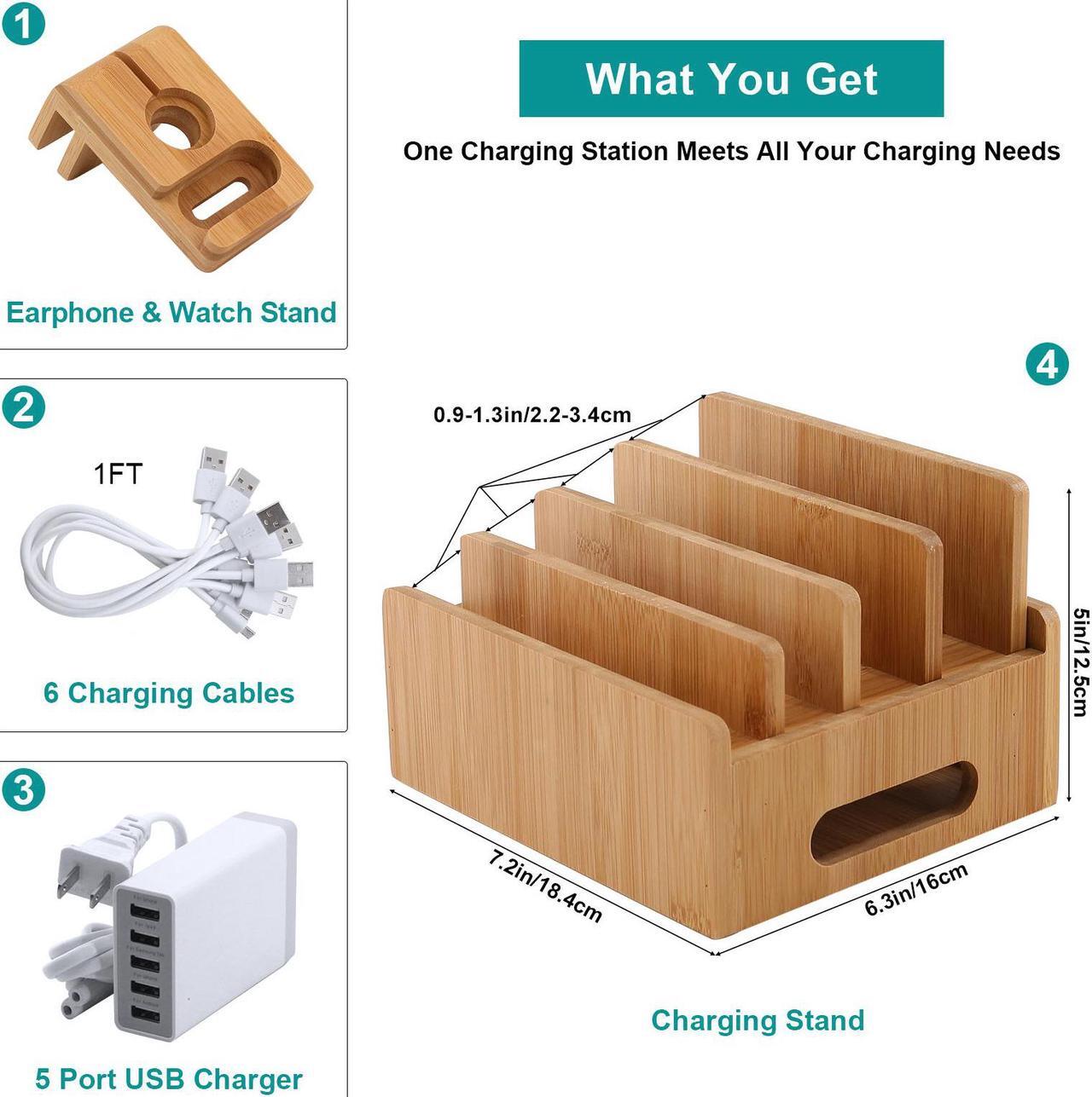 Alt view image 2 of 7 - Bamboo Charging Station for Multiple Devices with 5 Port USB Charger, 5 Cables and Smart Watch & Earbuds Stand, Upgrade Desk Docking Station Organizer for Cell Phone, Tablet and More