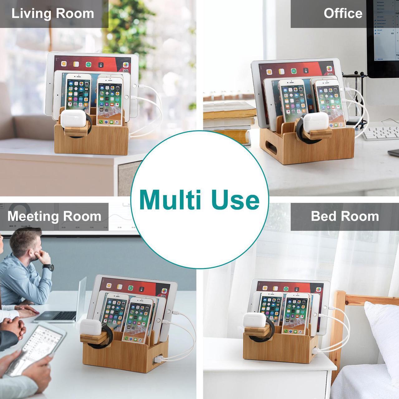 Alt view image 7 of 7 - Bamboo Charging Station for Multiple Devices with 5 Port USB Charger, 5 Cables and Smart Watch & Earbuds Stand, Upgrade Desk Docking Station Organizer for Cell Phone, Tablet and More