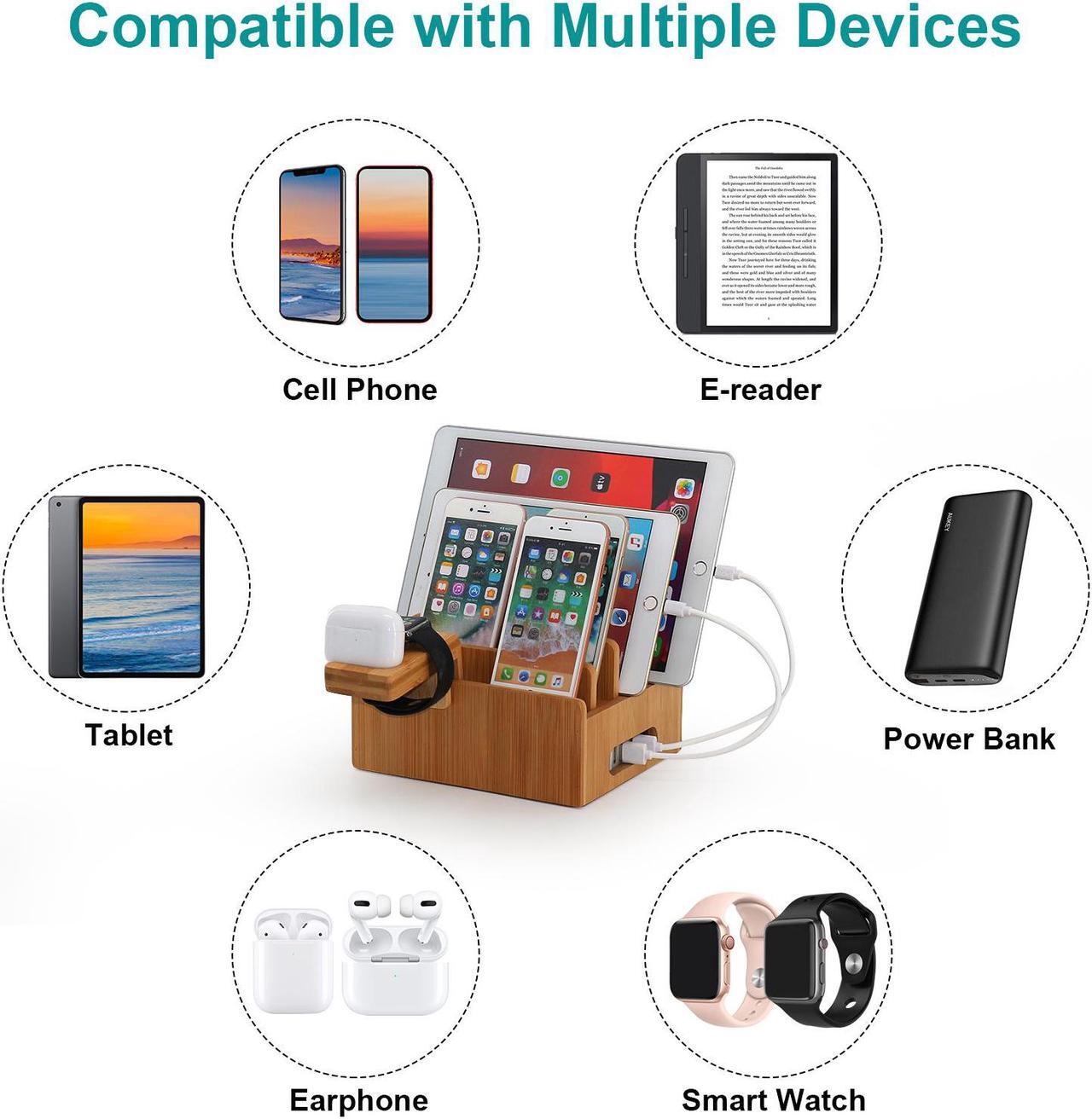 Alt view image 6 of 7 - Bamboo Charging Station for Multiple Devices with 5 Port USB Charger, 5 Cables and Smart Watch & Earbuds Stand, Upgrade Desk Docking Station Organizer for Cell Phone, Tablet and More