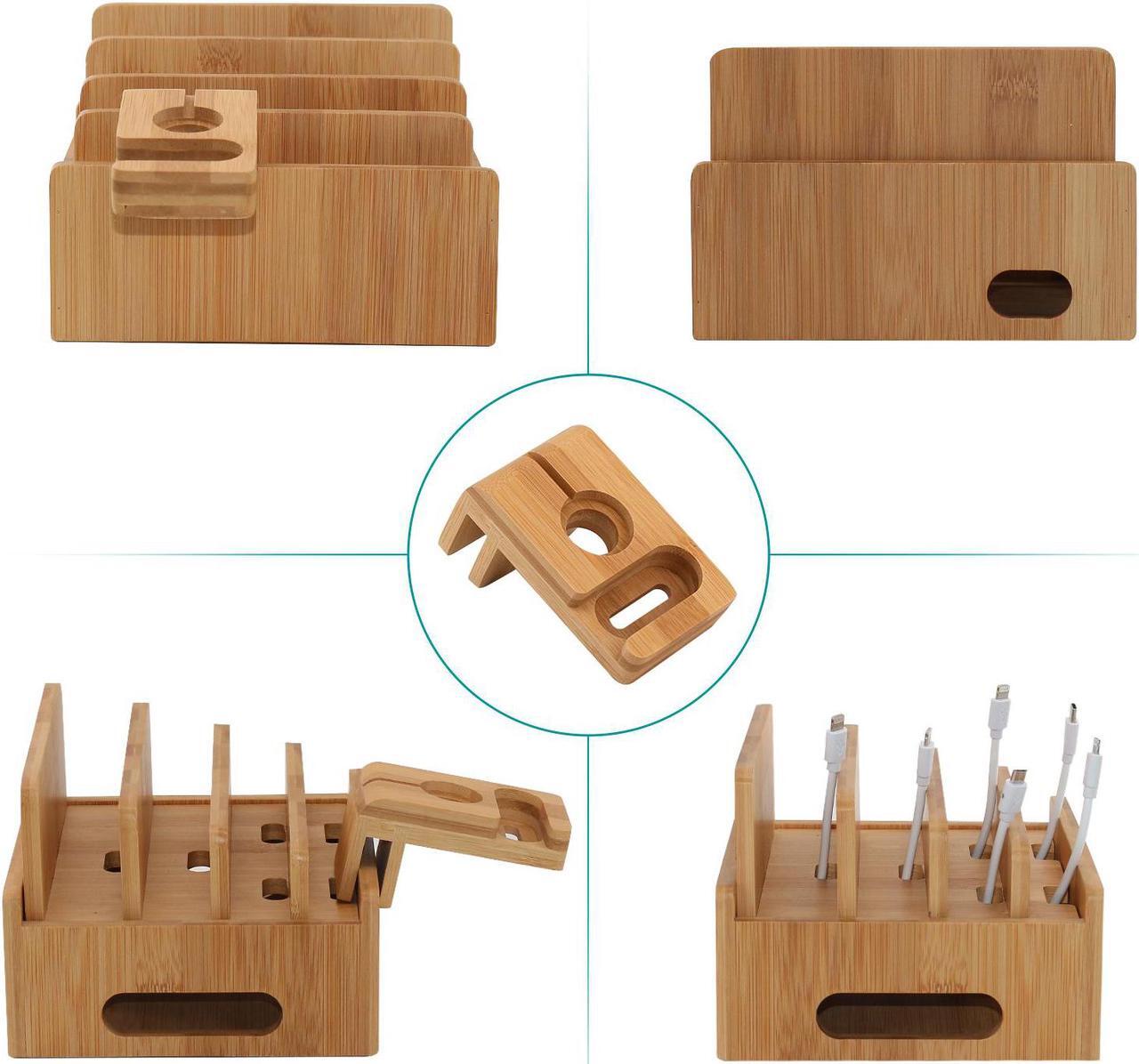Alt view image 4 of 7 - Bamboo Charging Station for Multiple Devices with 5 Port USB Charger, 5 Cables and Smart Watch & Earbuds Stand, Upgrade Desk Docking Station Organizer for Cell Phone, Tablet and More