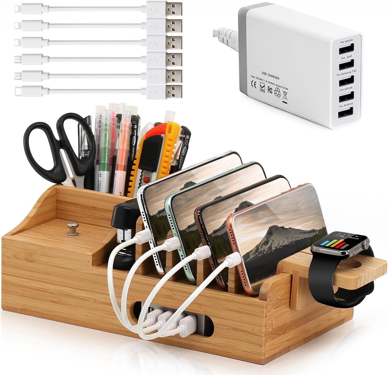 Beebo Beabo Bamboo Charging Station Organizer for Multiple Devices & Wood Desktop Docking Charging Stand Such As Cell Phone, Tablets(6 USB Cables, 5-Port USB Charging Stations) Gifts for Father