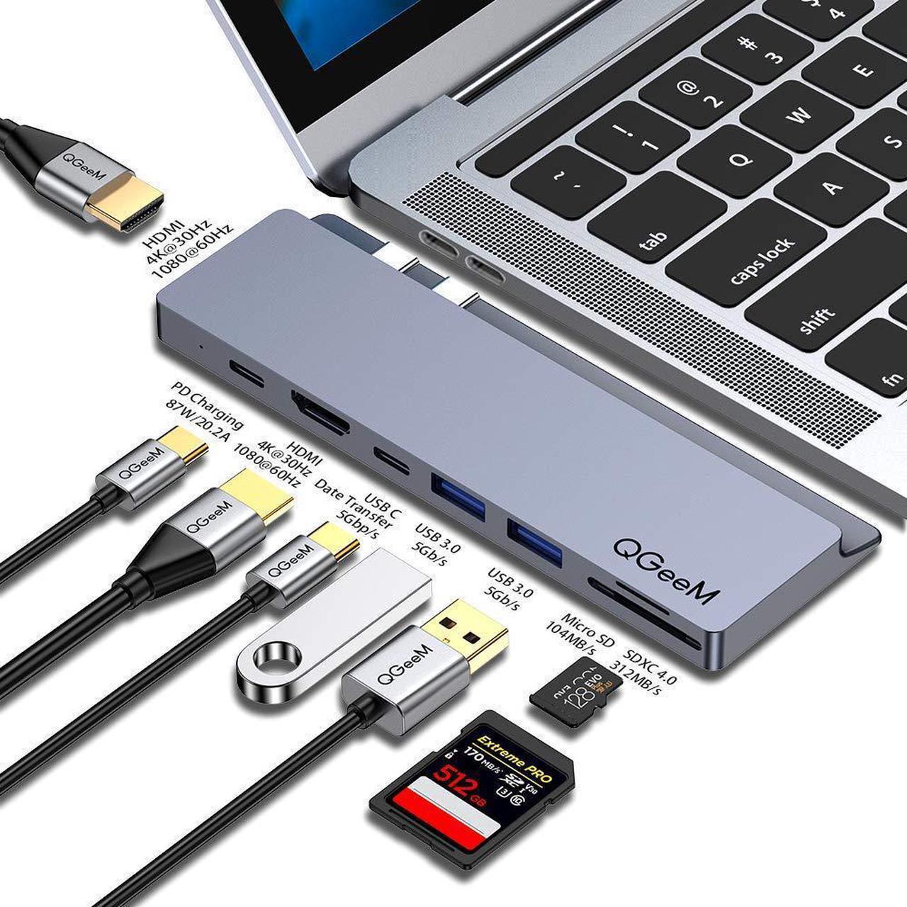 QGeeM Dual display 4K MST Mode 8 In 1 Usb C adapter Type C Hubs with SD 4.0 UHS-II card reader for MacBook Pro