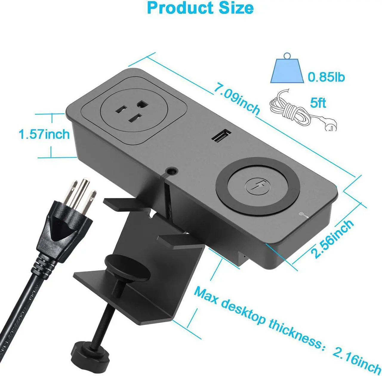 Alt view image 5 of 6 - Desk Clamp Power Strip Surge With 20W USB C Port 15W Wireless Charger, Removable Desktop Mount Charger Power Station Surge Protector 2 USB AC Electrical Outlet Strip for Office KingTSYU