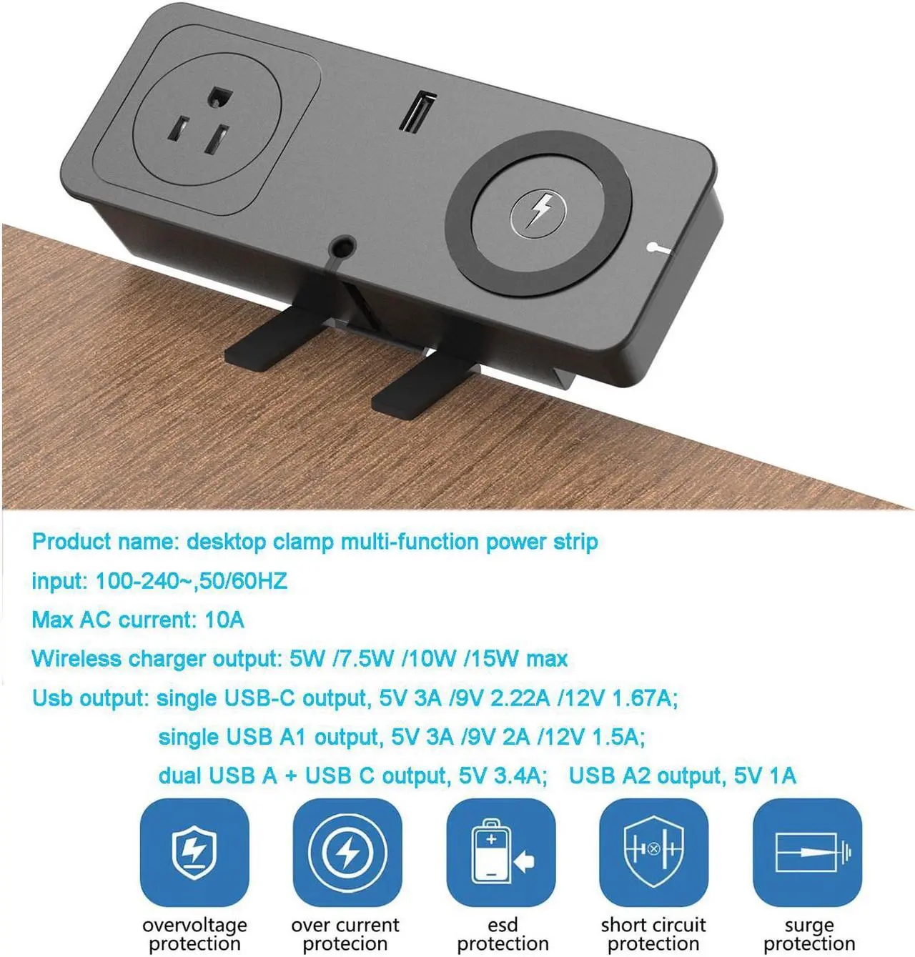 Alt view image 3 of 6 - Desk Clamp Power Strip Surge With 20W USB C Port 15W Wireless Charger, Removable Desktop Mount Charger Power Station Surge Protector 2 USB AC Electrical Outlet Strip for Office KingTSYU