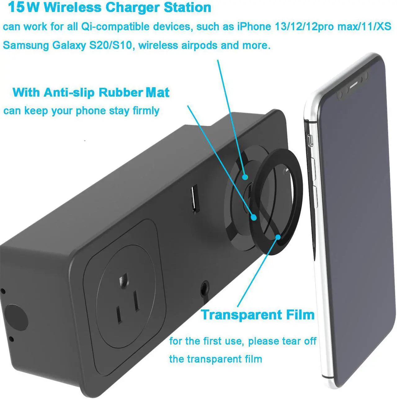 Alt view image 4 of 6 - Desk Clamp Power Strip Surge With 20W USB C Port 15W Wireless Charger, Removable Desktop Mount Charger Power Station Surge Protector 2 USB AC Electrical Outlet Strip for Office KingTSYU