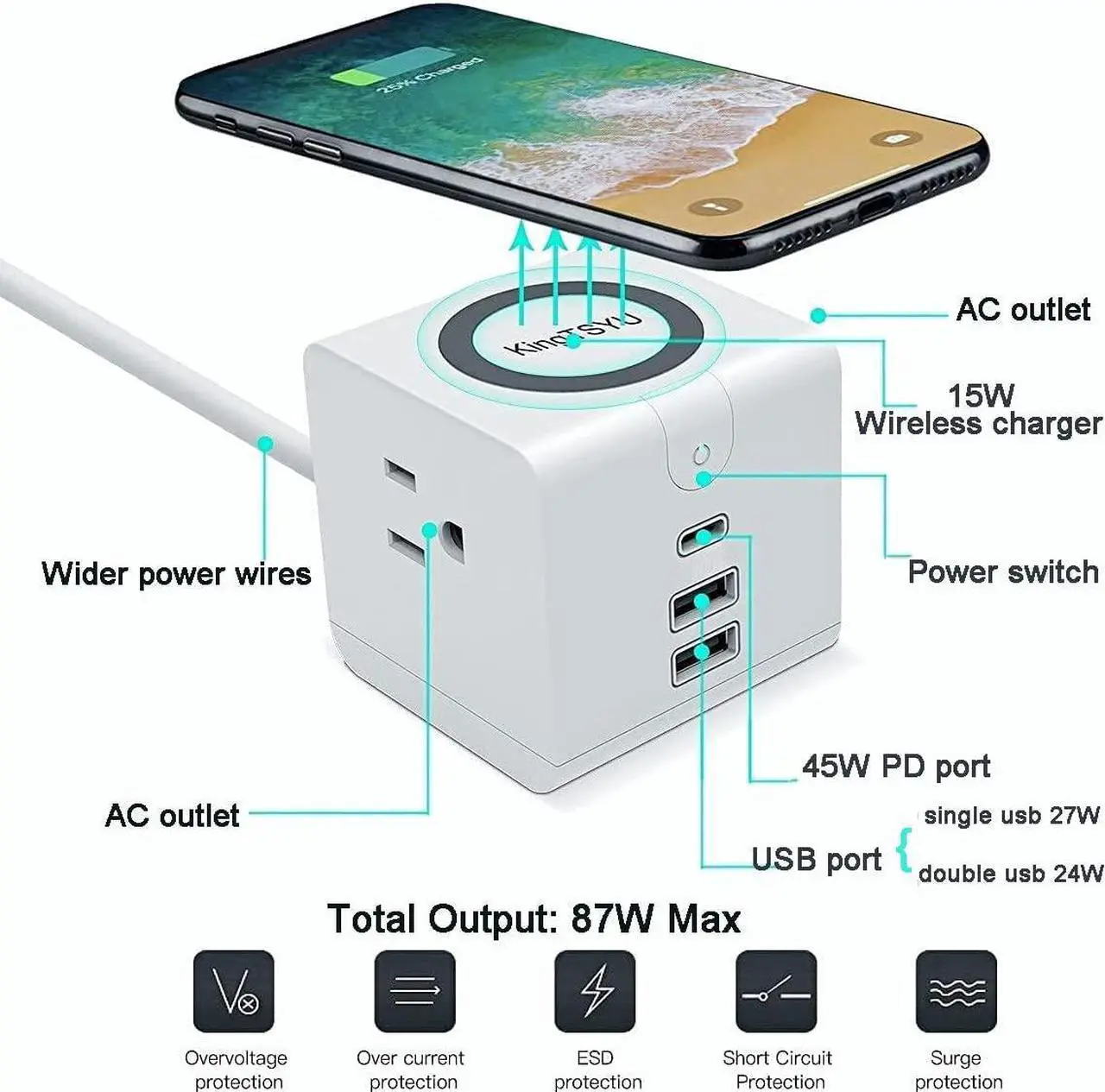 Alt view image 4 of 6 - PD Power Strip Tower With 45W USB C Wireless Charger Station, Surge Protector Flat Plug With USB Port For Laptop Lenovo Macbook Pro, 15W Phone Wireless Charging Stand 2 USB Ports 2 AC Outlets KingTSYU