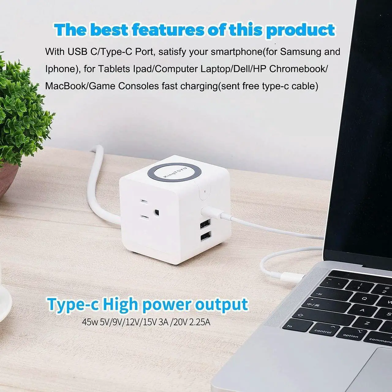 Alt view image 3 of 6 - PD Power Strip Tower With 45W USB C Wireless Charger Station, Surge Protector Flat Plug With USB Port For Laptop Lenovo Macbook Pro, 15W Phone Wireless Charging Stand 2 USB Ports 2 AC Outlets KingTSYU