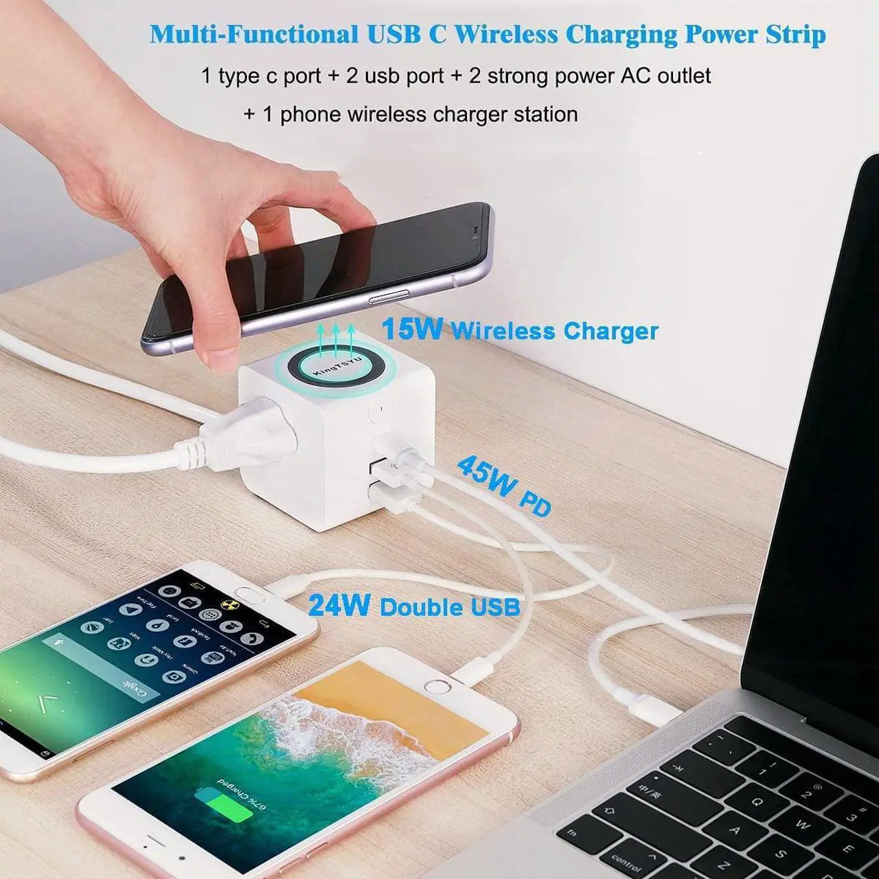 Alt view image 2 of 6 - PD Power Strip Tower With 45W USB C Wireless Charger Station, Surge Protector Flat Plug With USB Port For Laptop Lenovo Macbook Pro, 15W Phone Wireless Charging Stand 2 USB Ports 2 AC Outlets KingTSYU