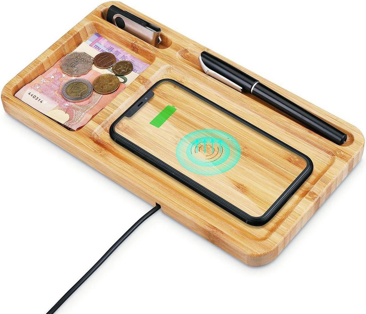 Main image of 2 in 1 Desktop Wood Wireless Qi Charger Dock Station Bamboo Organizer Holder, 15W Phone USB Charging Docking Stand , Wooden Charging Pad, For iPhone Samsung Android Nightstand Home Office KingTSYU