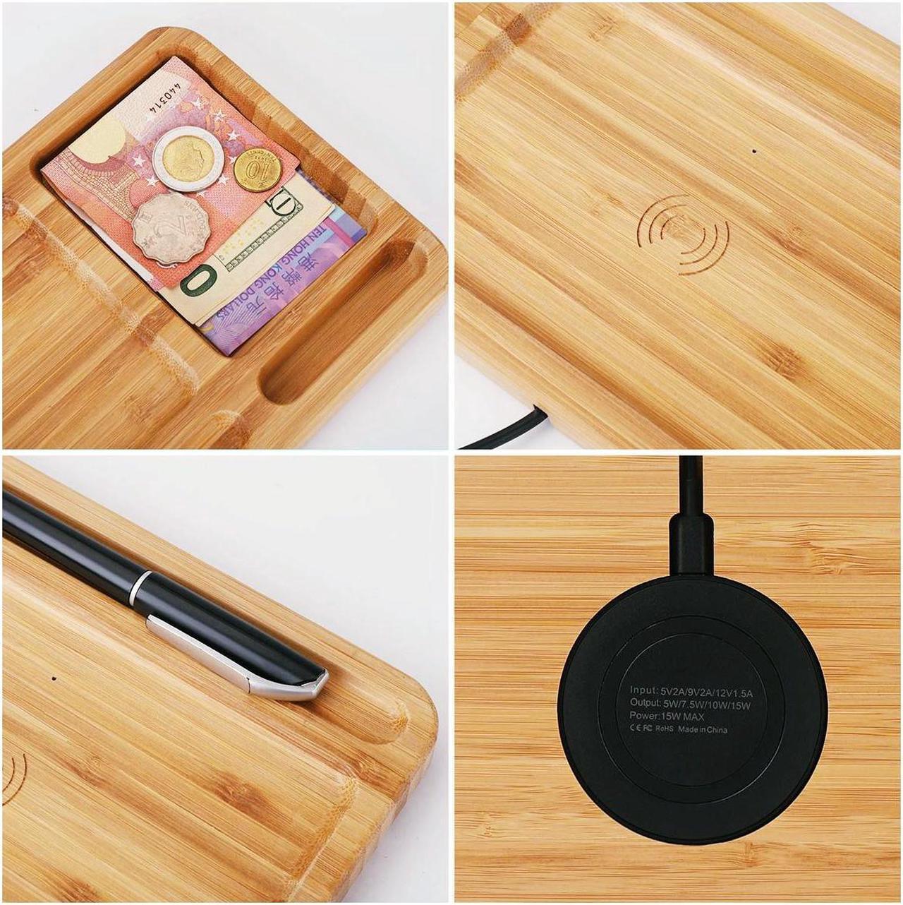 Alt view image 5 of 7 - 2 in 1 Desktop Wood Wireless Qi Charger Dock Station Bamboo Organizer Holder, 15W Phone USB Charging Docking Stand , Wooden Charging Pad, For iPhone Samsung Android Nightstand Home Office KingTSYU