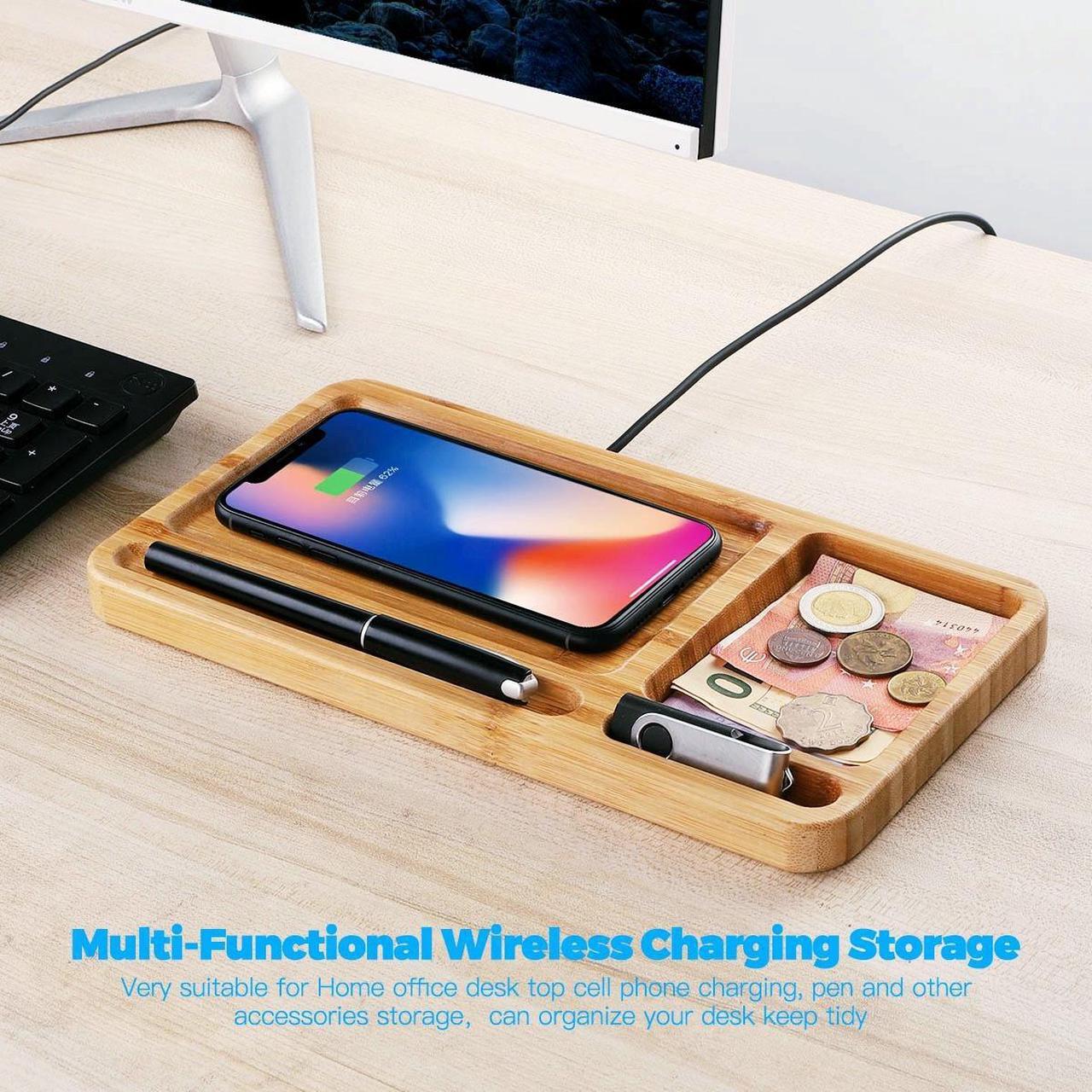 Alt view image 2 of 7 - 2 in 1 Desktop Wood Wireless Qi Charger Dock Station Bamboo Organizer Holder, 15W Phone USB Charging Docking Stand , Wooden Charging Pad, For iPhone Samsung Android Nightstand Home Office KingTSYU